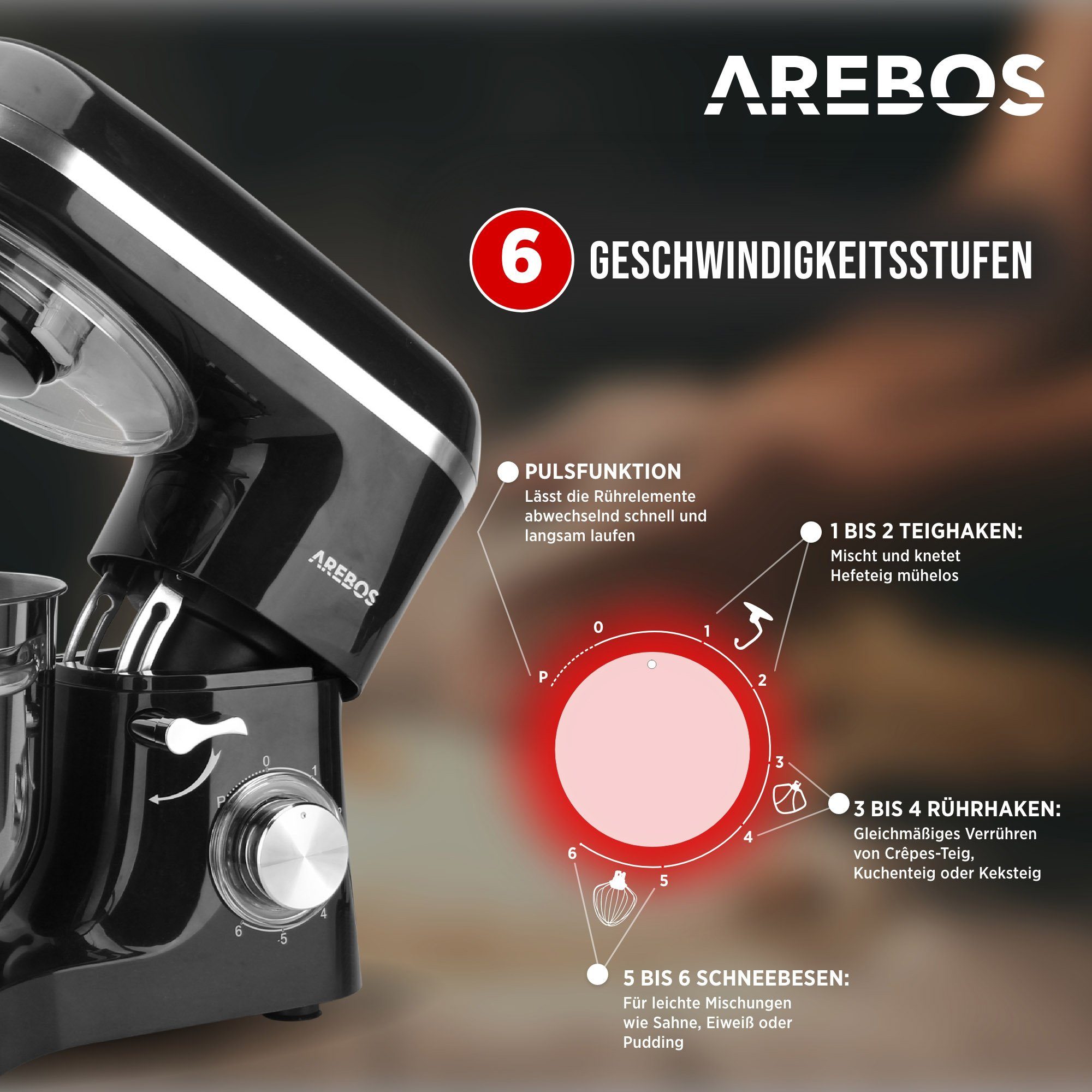 Arebos Küchenmaschine mit 6L, Edelstahl-Rührschüssel, 3 Farben, 1500 W