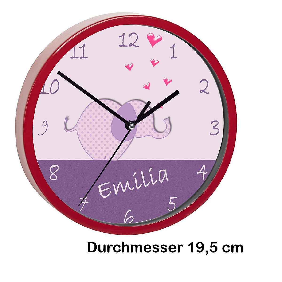 Kinder Wanduhr personalisiert mit Name Elefant lila