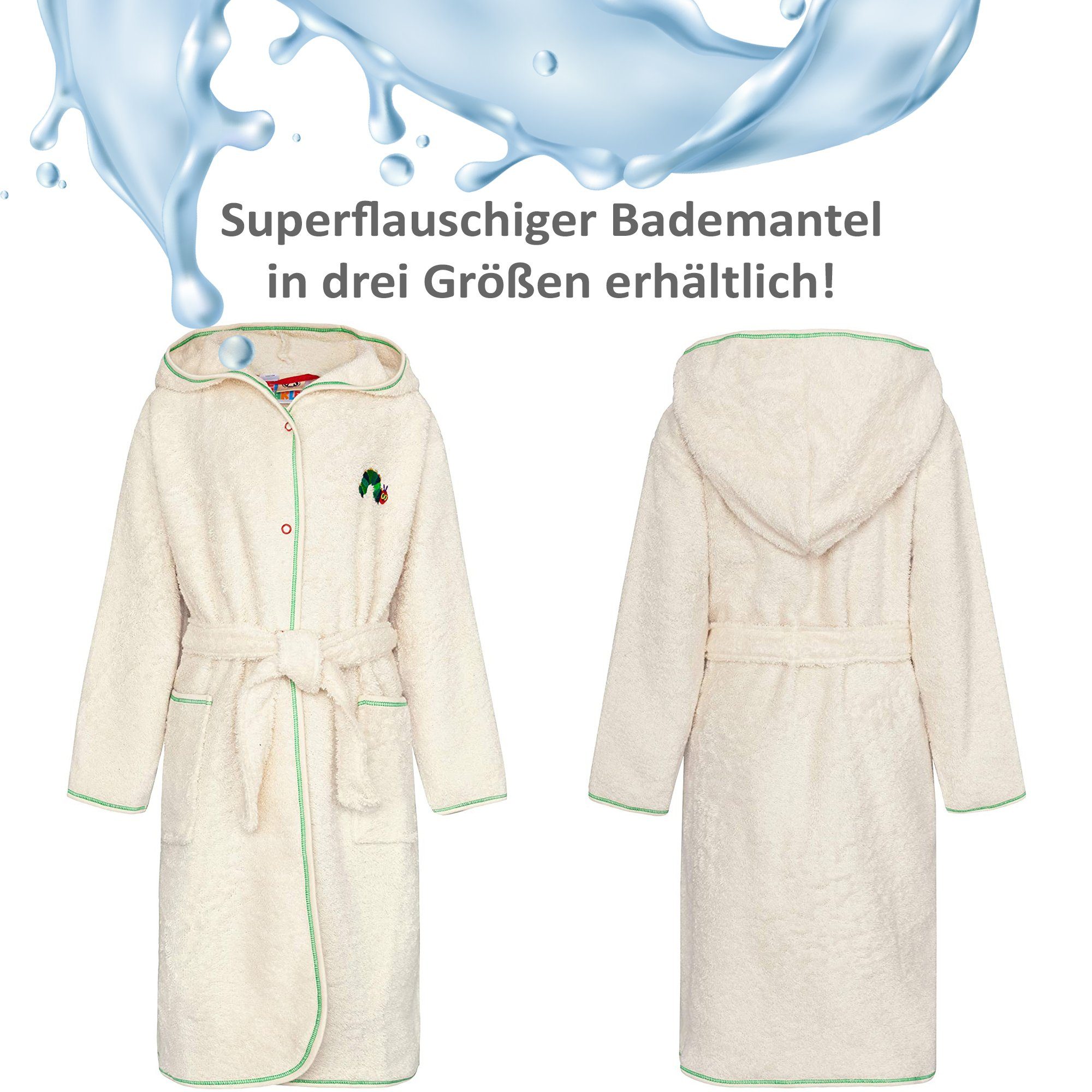 Smithy Kinderbademantel mit der Raupe Nimmersatt aus Bio-Baumwolle, lange Form, Velours-Frottee, Kapuze, Gürtel, Knöpfe, made in Europe