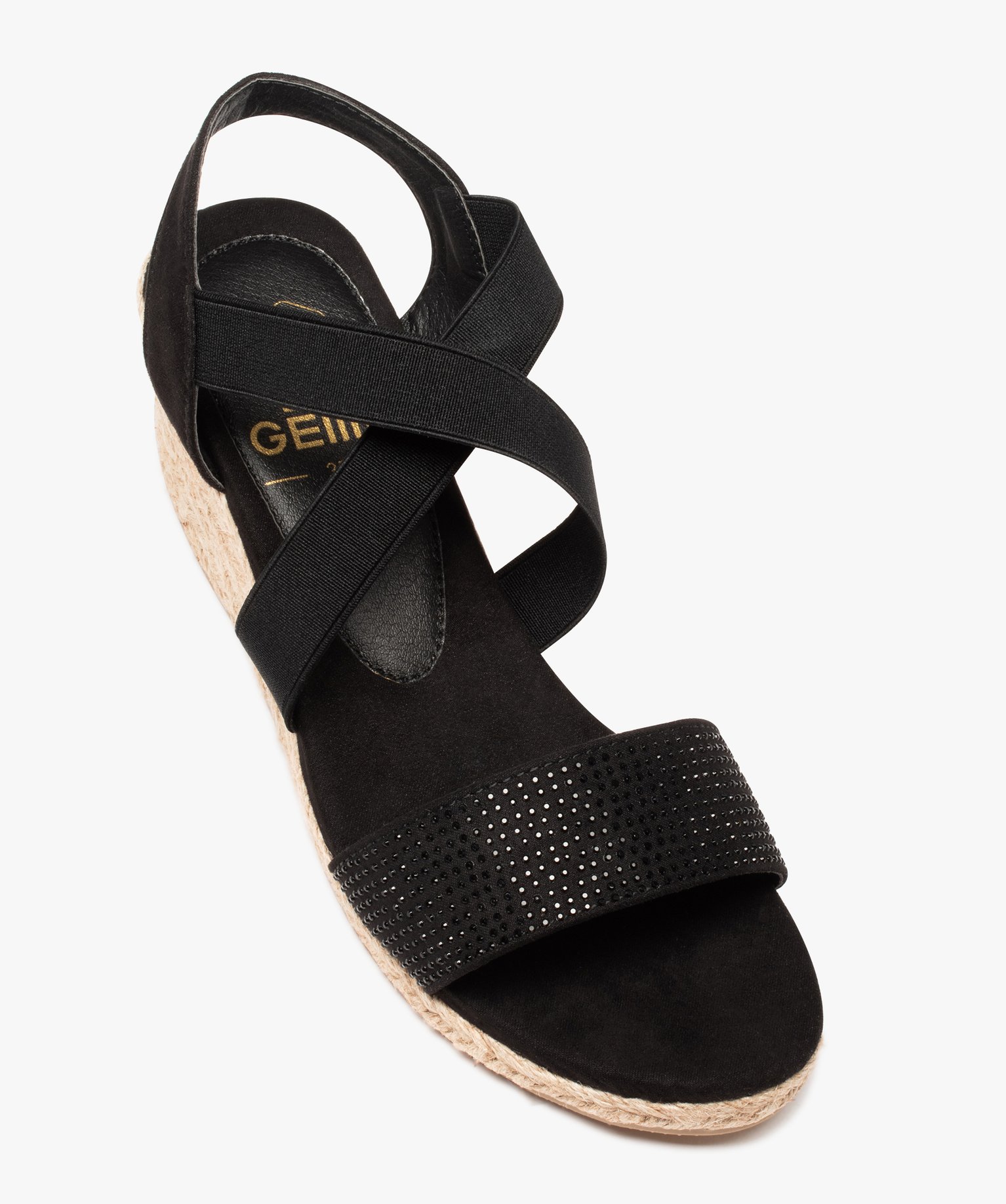 Sandales femme compensées à brides élastiques et strass noir | GEMO
