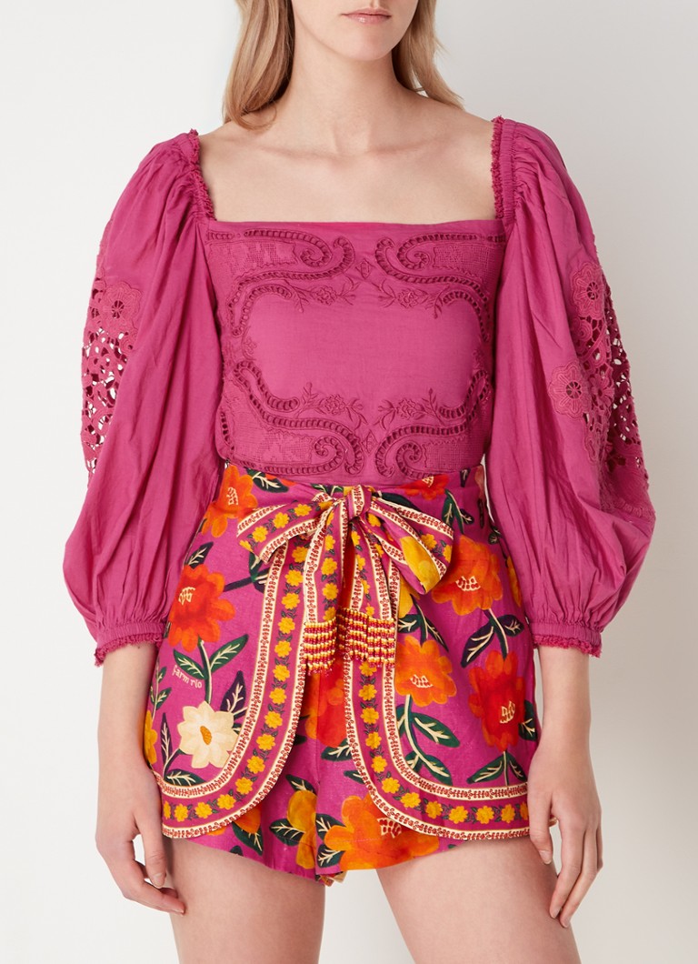 Farm Rio Crop top with embroidery and balloon sleeves