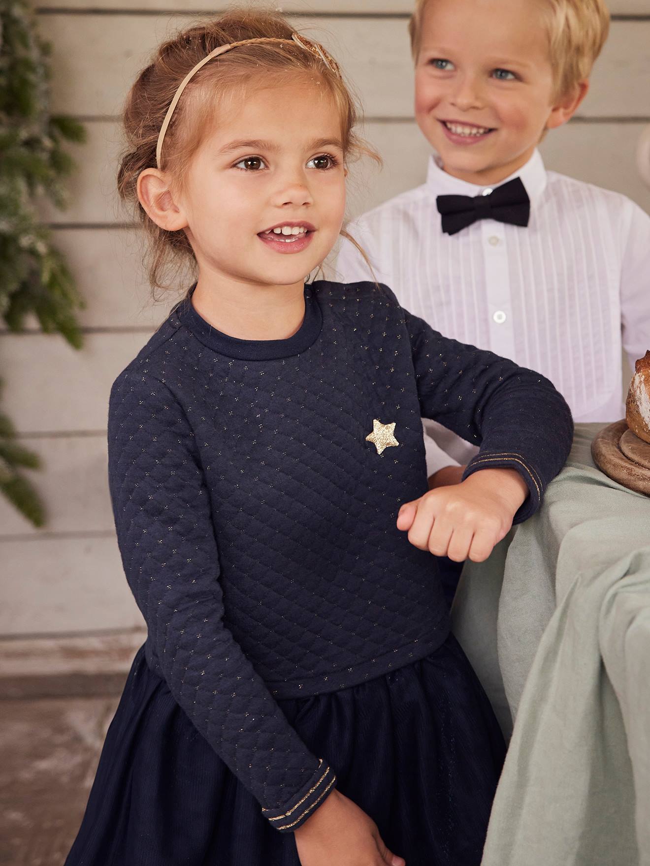 Robe de Noël fille bi-matière rouge brique