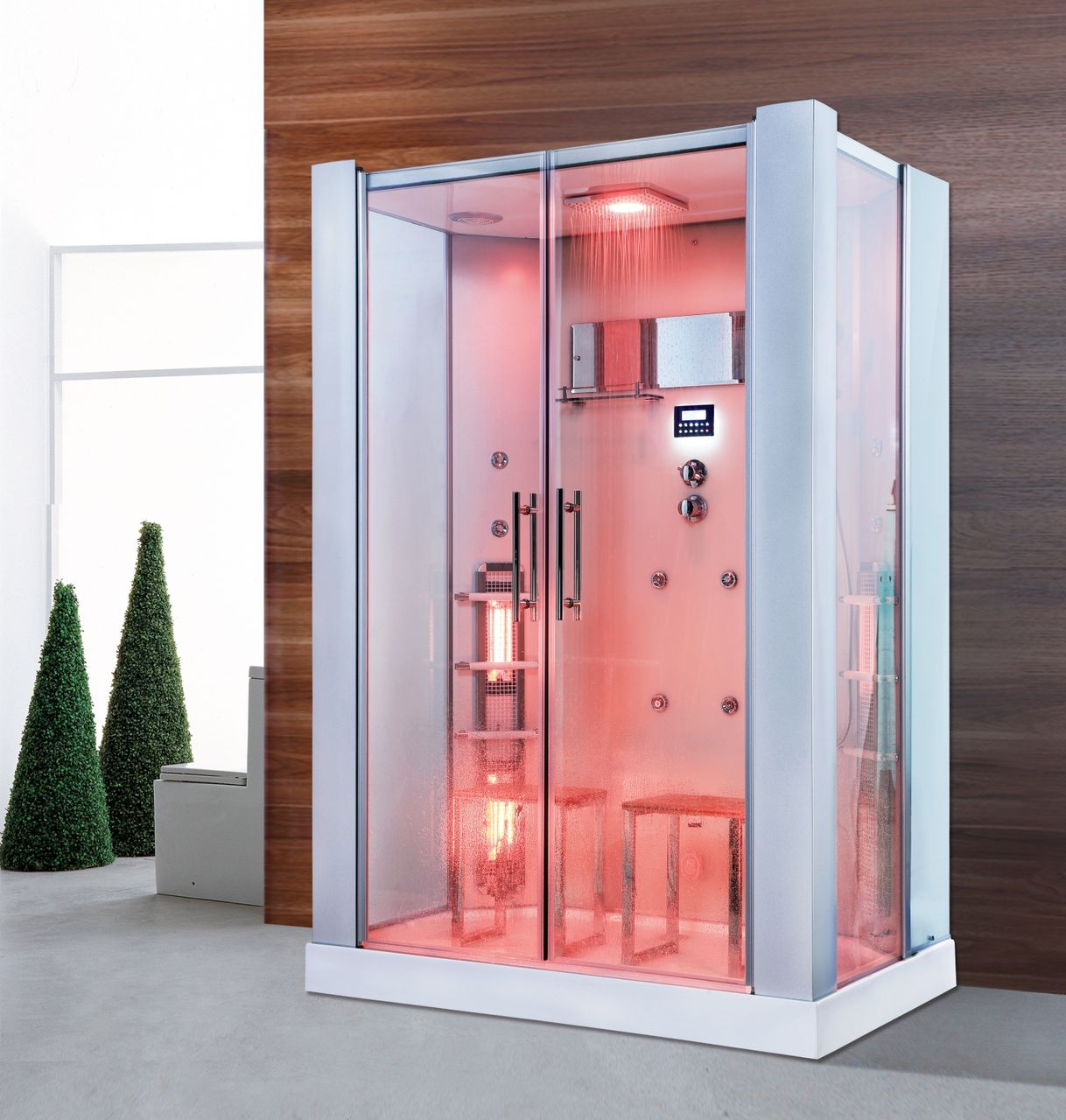 PureHaven 2in1 Dampfdusche und Infrarotsauna 145x90 cm mit Aluminiumrahmen komplettem Zubehör Tropenbrause Sitzfläche Radio Massagefunktion Weiß