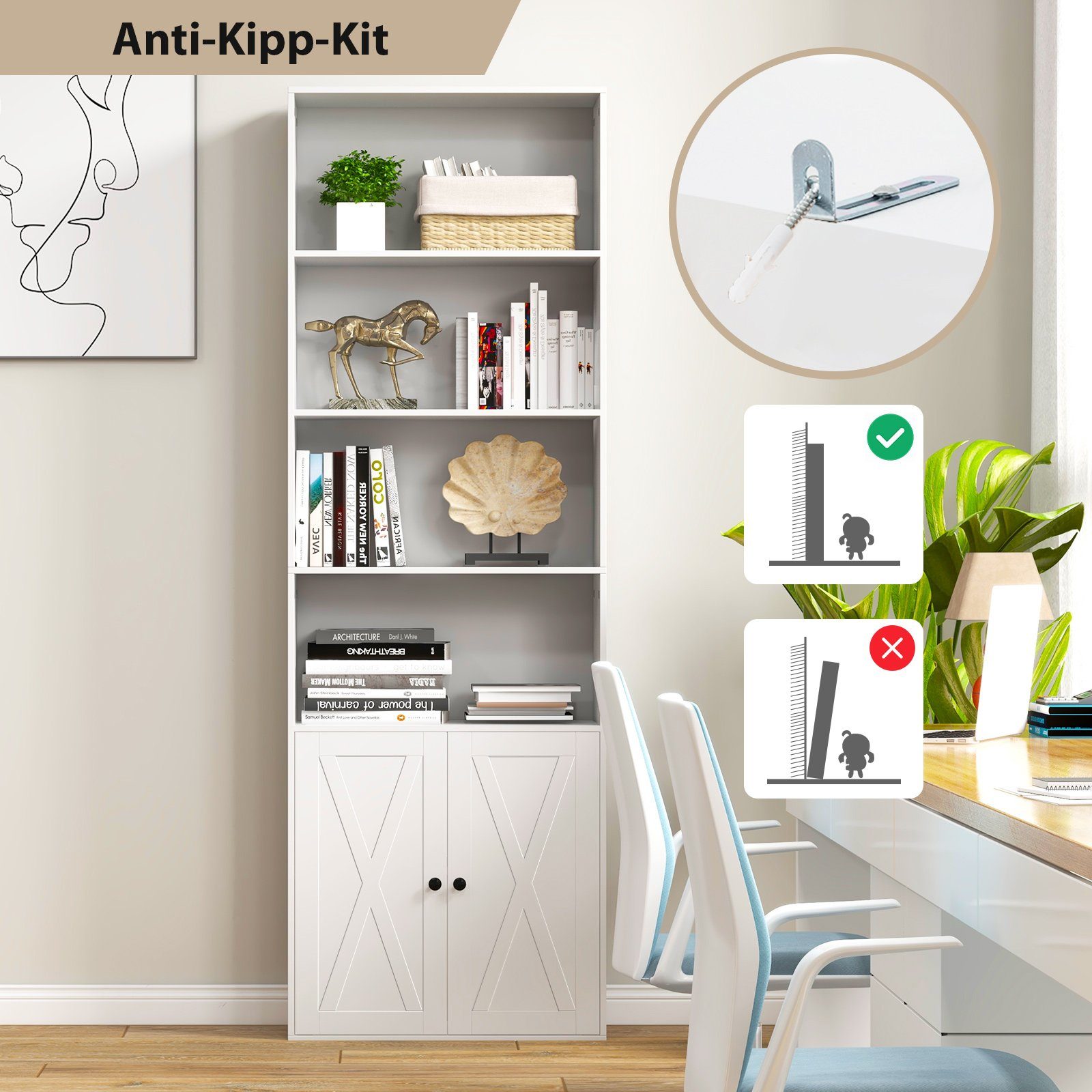 COSTWAY Bücherregal, 180cm Bücherschrank mit Türen & 4 offenen Fächern