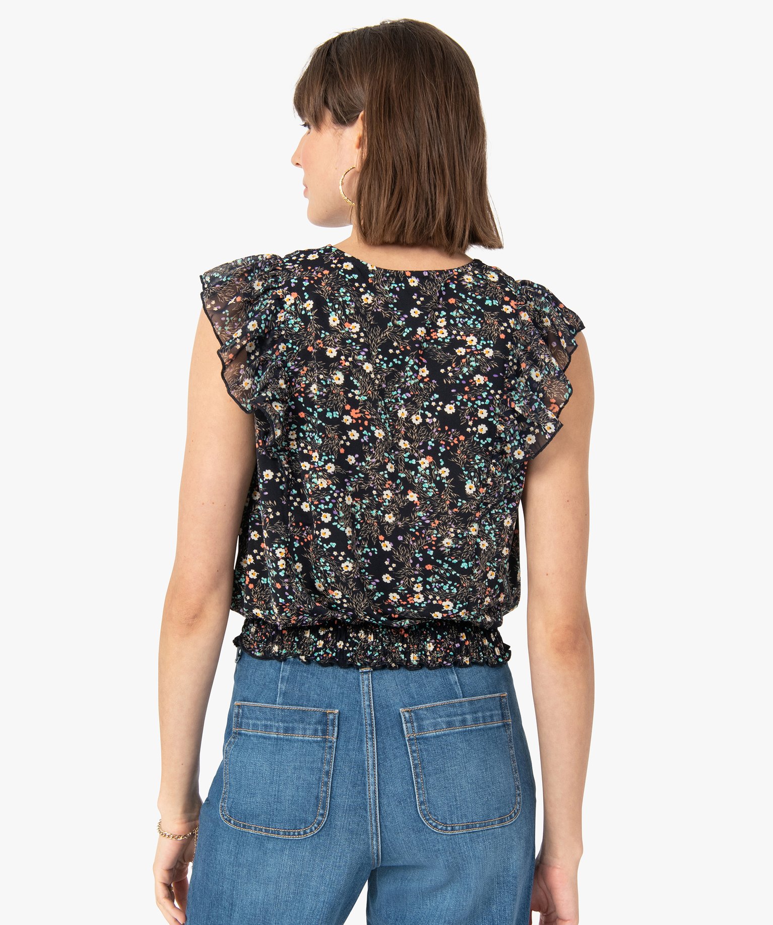 Tee-shirt femme à manches courtes avec volants sur les épa... imprime | GEMO
