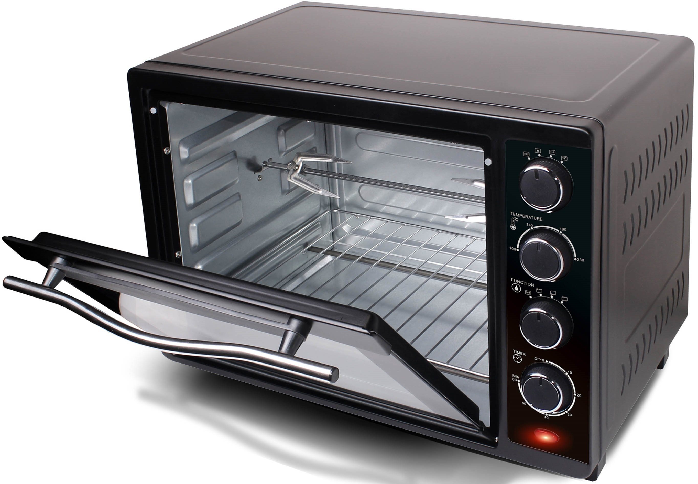 TurboTronic by Z-Line Minibackofen 35 Liter Schwarz, inkl. 1x Grillrost & 2x Backblech 1600W Camping, Pizzaofen 100-230°C Tischbackofen, mit Drehspieß