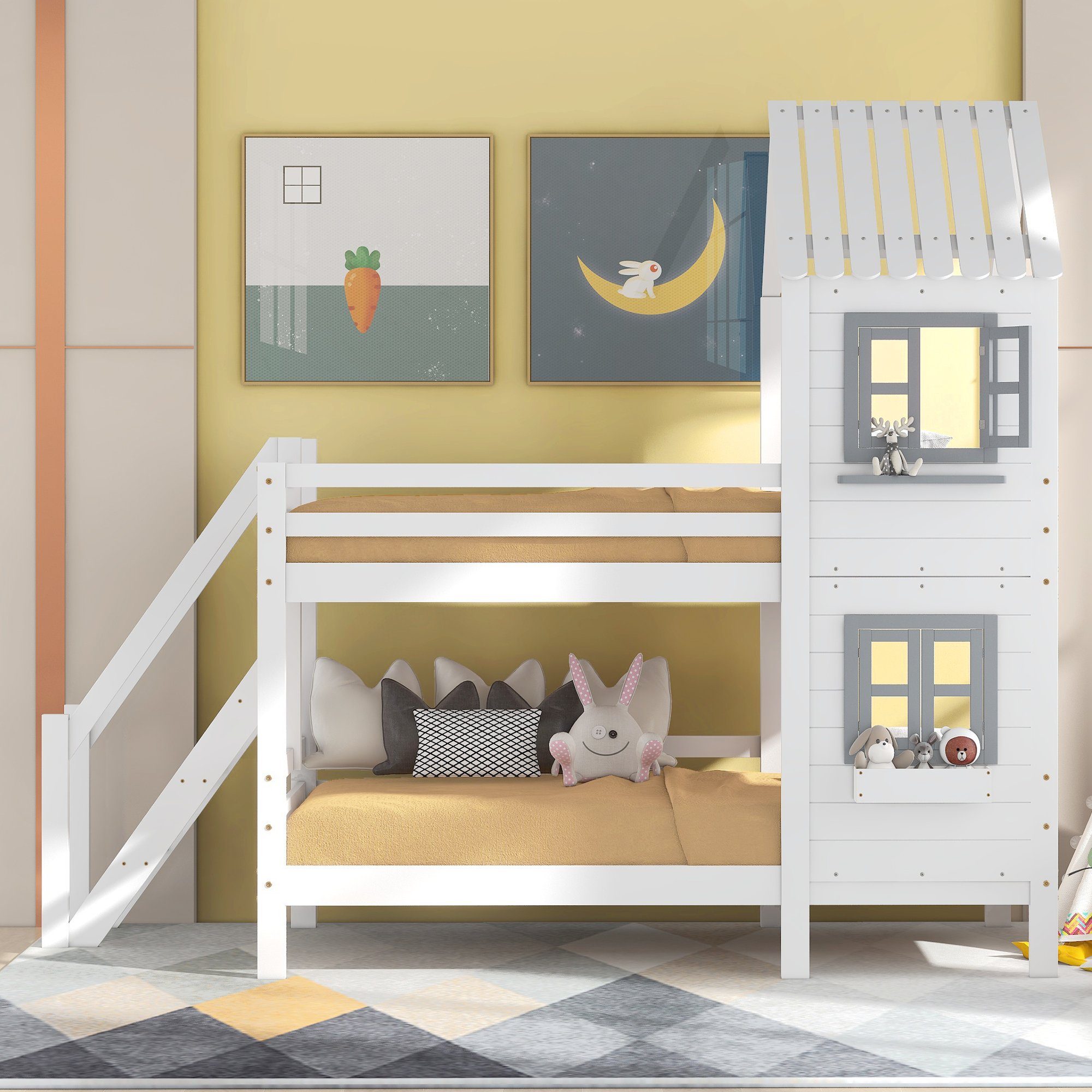 OKWISH Etagenbett Etagenbett mit Handlauf und Fenster, Bett, Kinderbett (Kinderbett mit Fallschutz und Gitter, Fallschutz und Gitter), Rahmen aus Kiefer,90x200cm