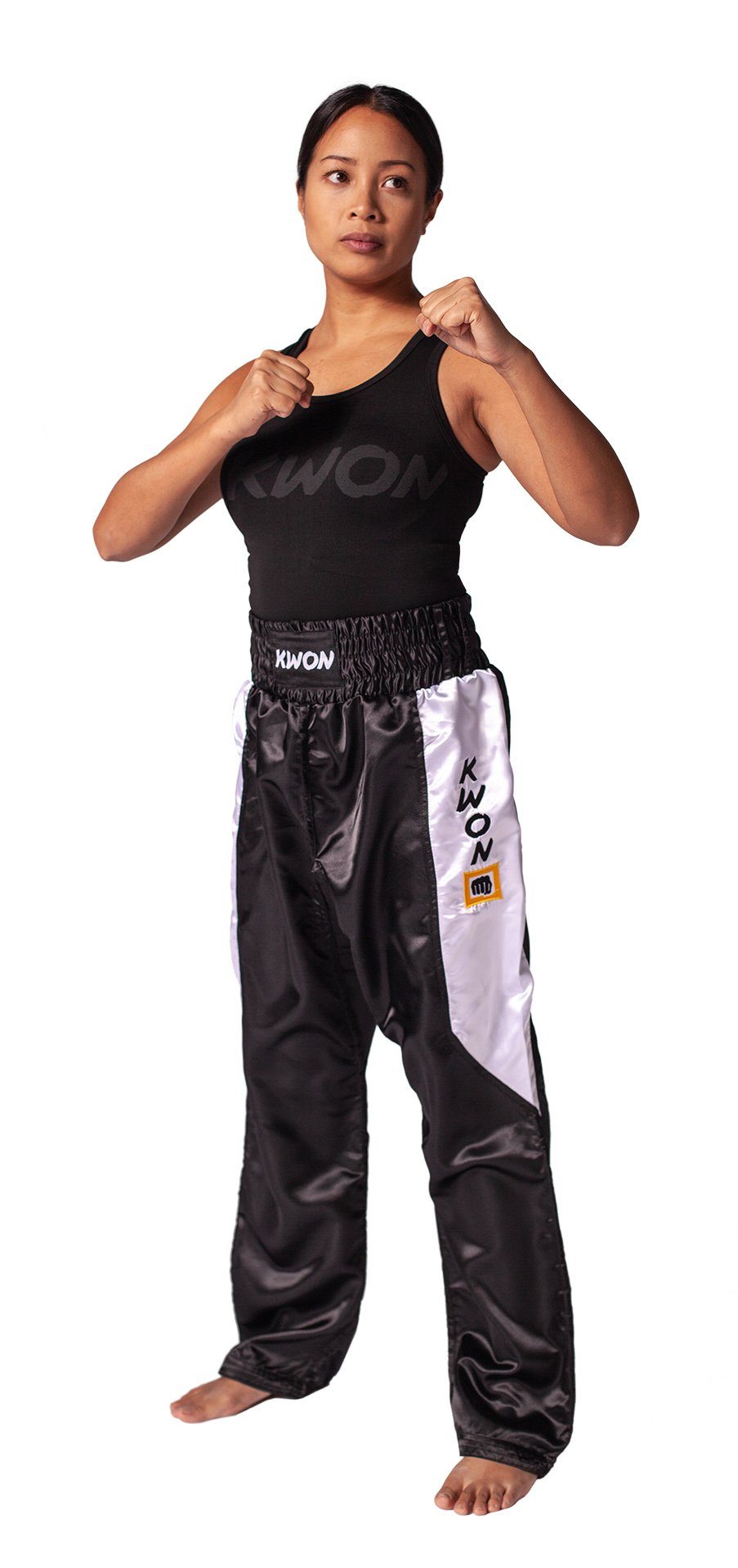 KWON Sporthose Kickboxhose lang Hose Kickboxen Kampfsporthose Clubline (Satinhose) Satinhose, Aufwändig designte