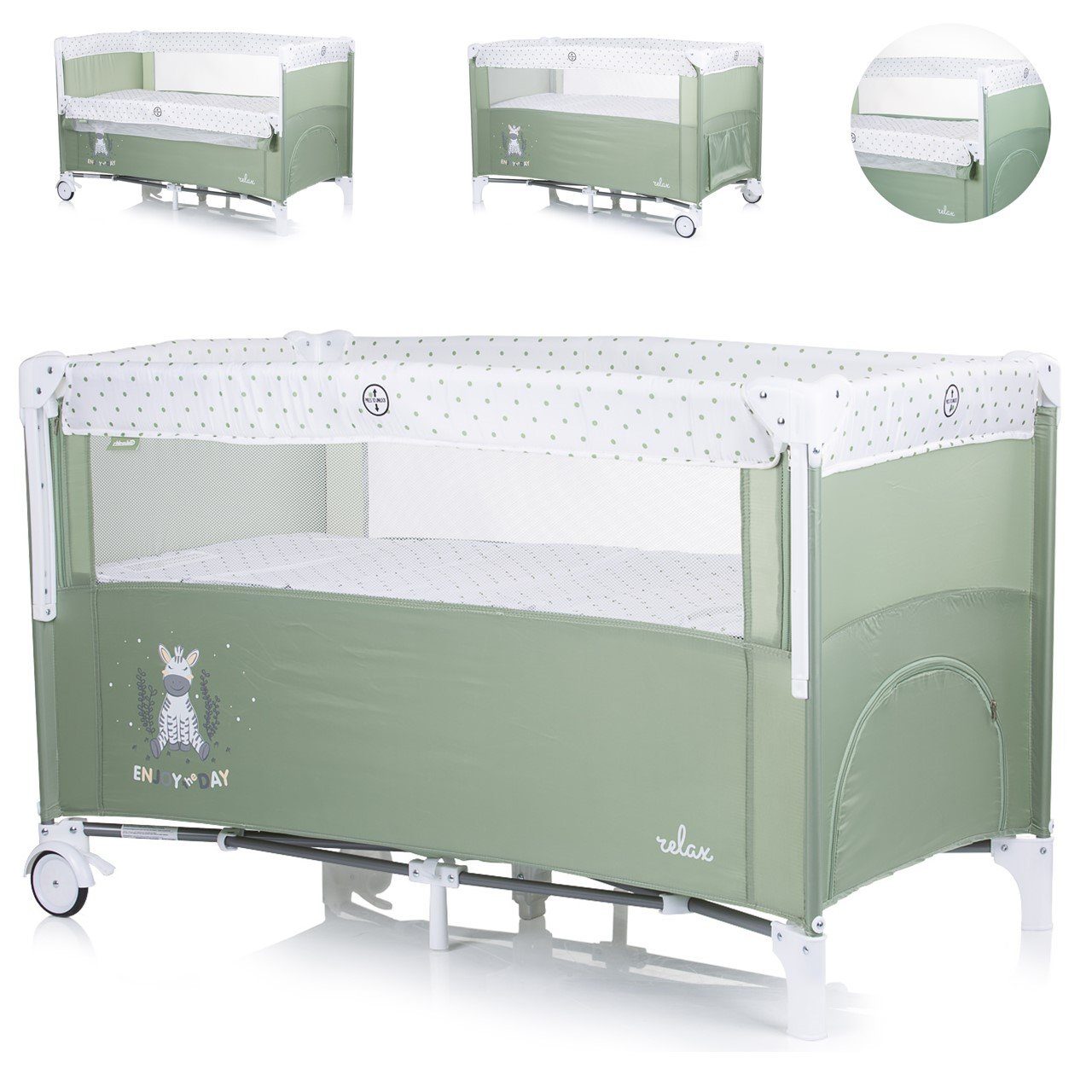 Chipolino Baby-Reisebett Reisebett Relax 2 Ebenen, Vorderseite absenkbar, Seiteneingang, Tasche