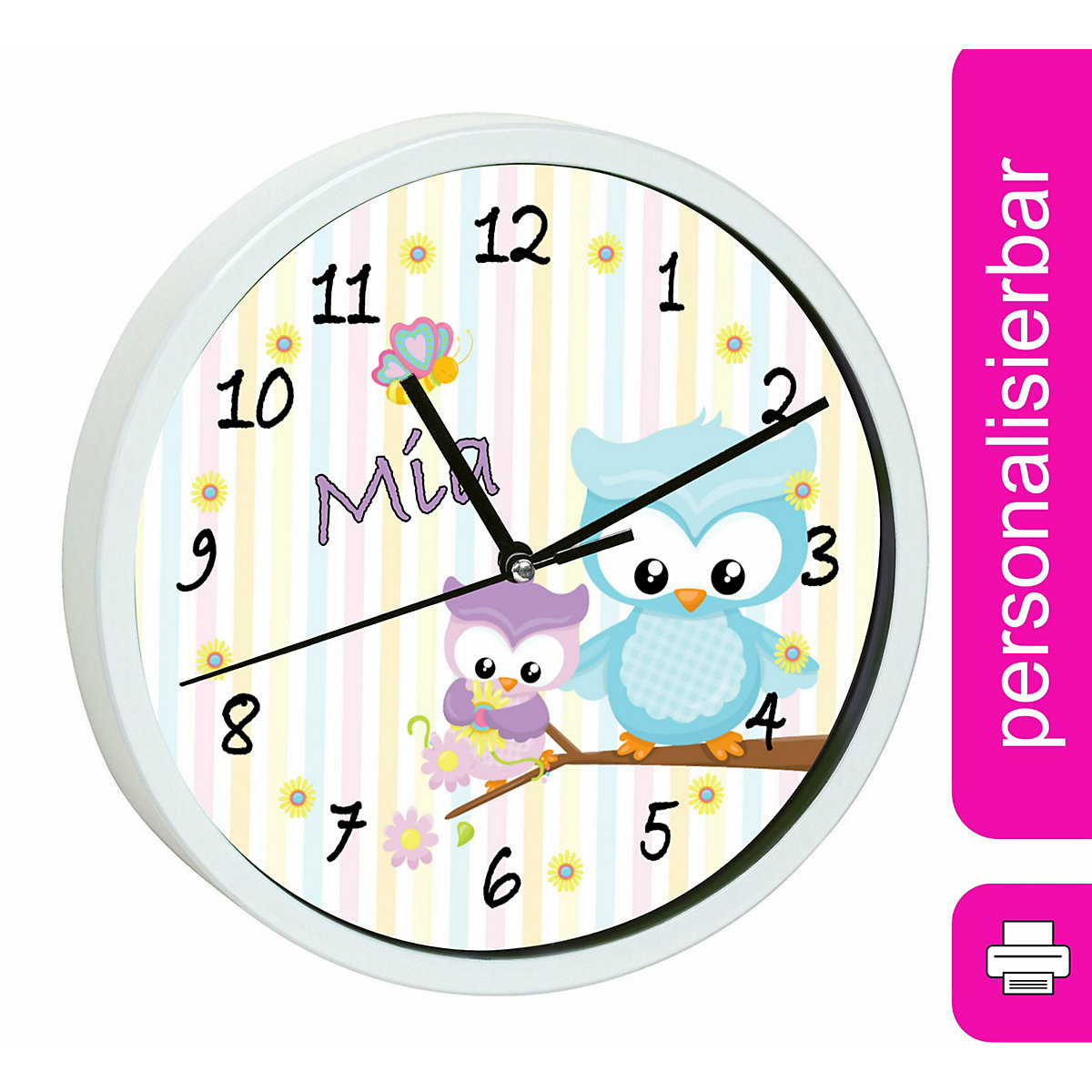 Kinder Wanduhr personalisiert mit Name Eule Frühling