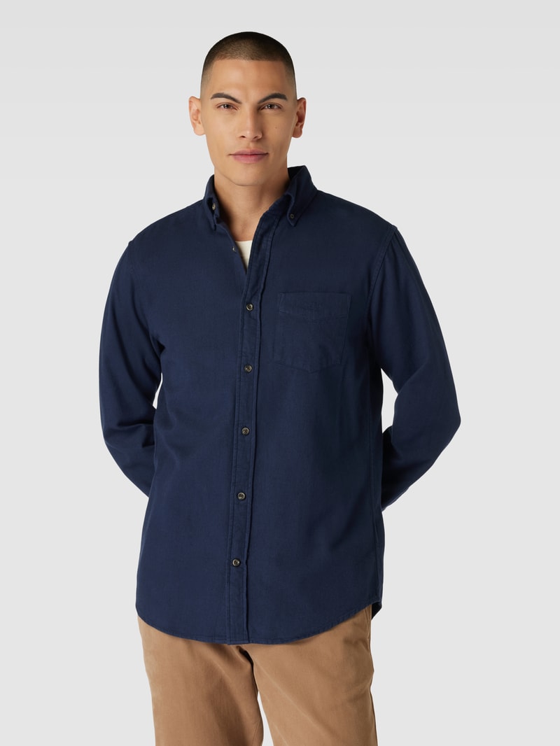 Regular Fit Freizeithemd mit Label-Stitching Modell 'HERRINGBONE' in marineblau