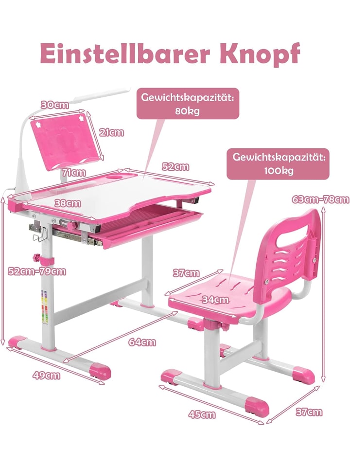 COSTWAY Kinderschreibtisch Set mit Licht ab 4 Jahren in Rosa günstig kaufen onesize