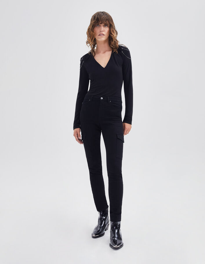 Blouse noire recyclée détails chaînes épaules Femme