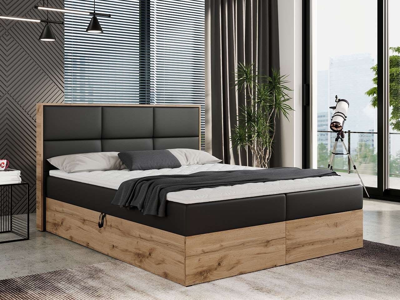 MKS MÖBEL Boxspringbett ALBERO 2, Doppelbett, mit Eiche Holzrahmen, Multipocket-Matratze, mit Kopfstütze