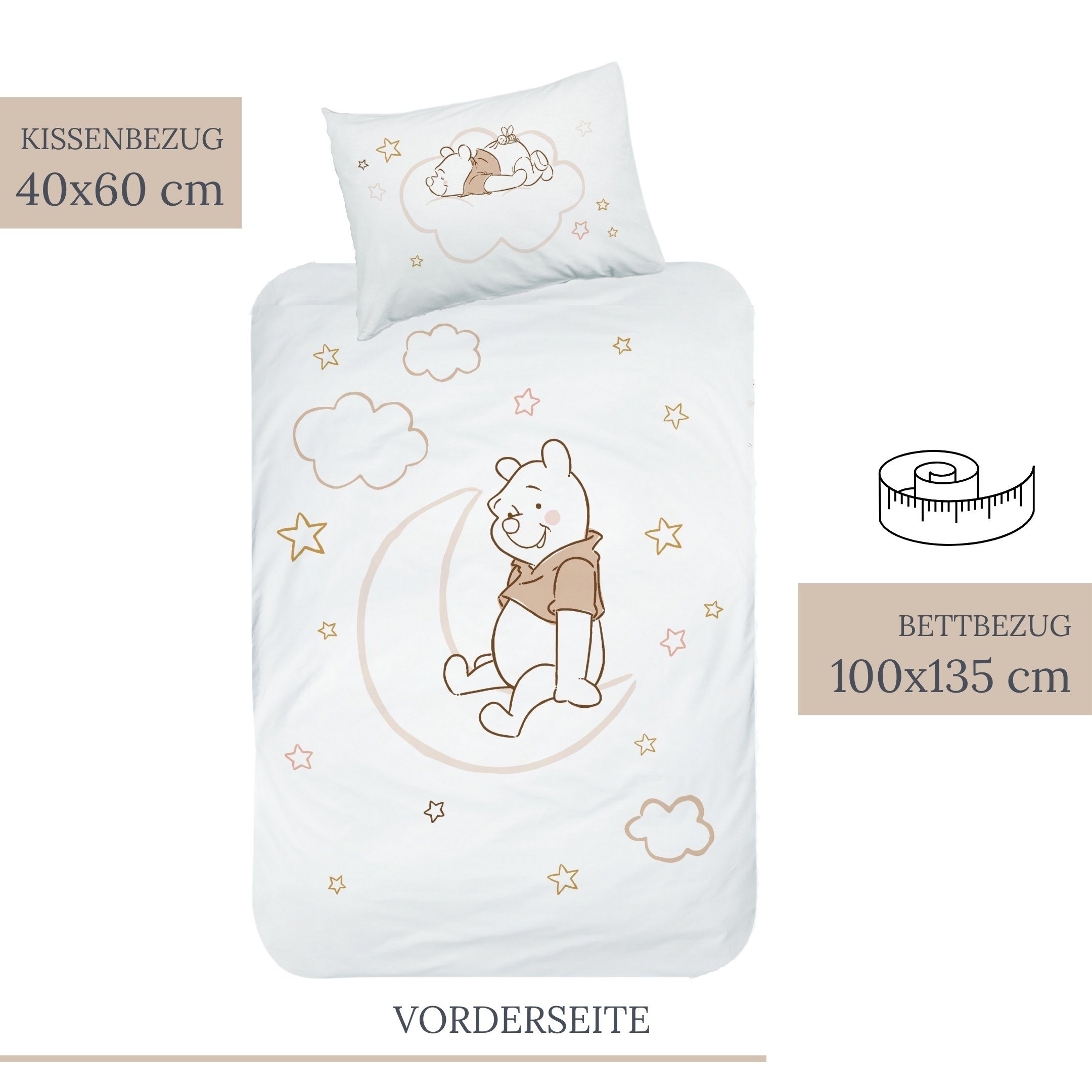 Babybettwäsche Winnie Pooh 100x135 + 40x60 cm, 100 % Baumwolle Biber, MTOnlinehandel, Flanell, 2 teilig, 's Winnie Pooh, Mond & Sterne für Kinder, Mädchen und Jungen