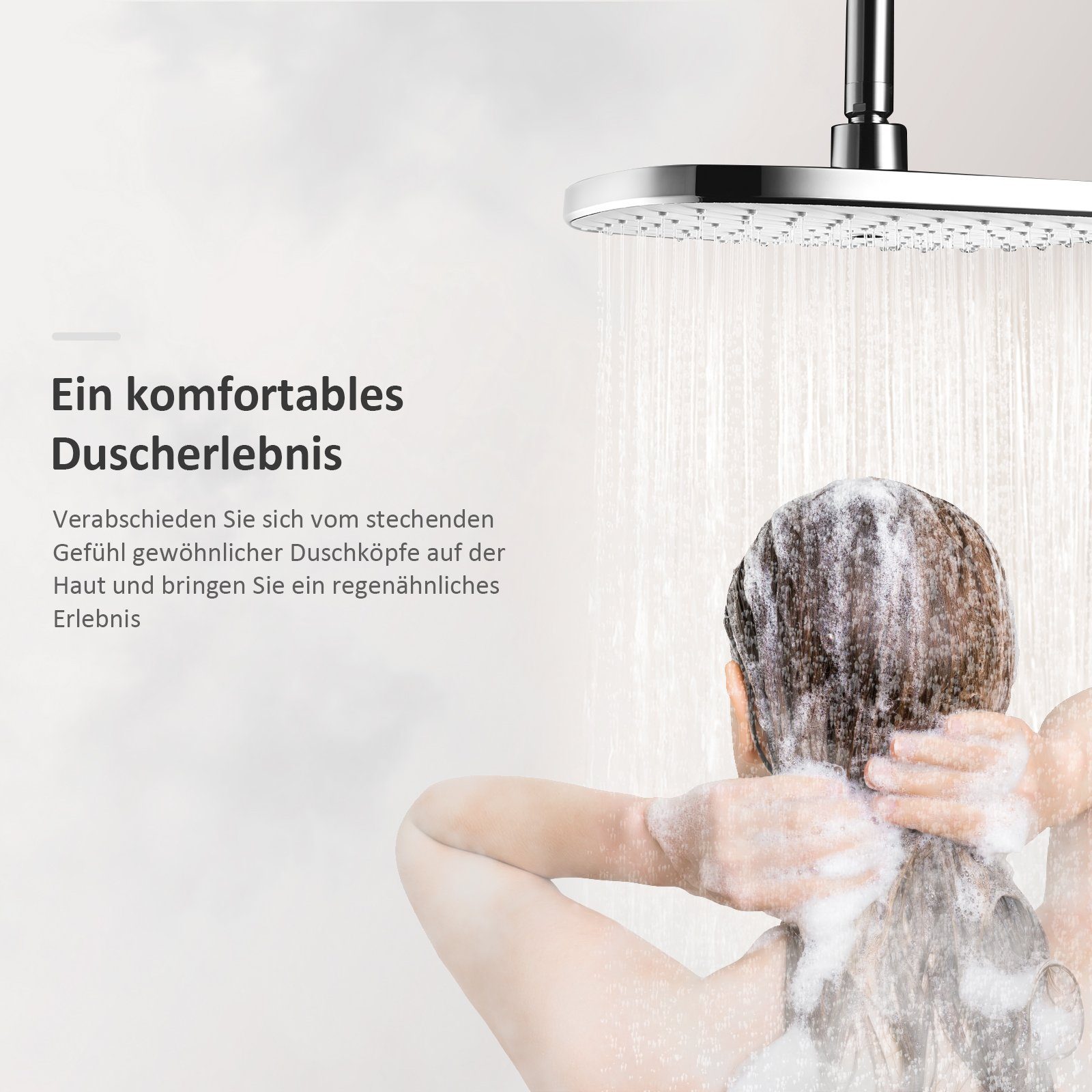 EMKE Duschsystem Duschset mit Theramostat Regendusche Handbrause, 3 Strahlart(en), 38℃ Thermostat Duschsäuleset, Quadratisch, Chrom