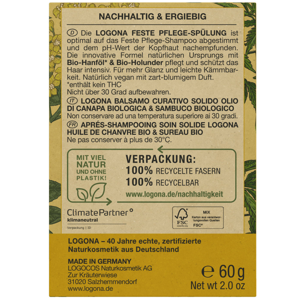 Logona Après-Shampoing Solide Chanvre Bio & Sureau Bio 60g