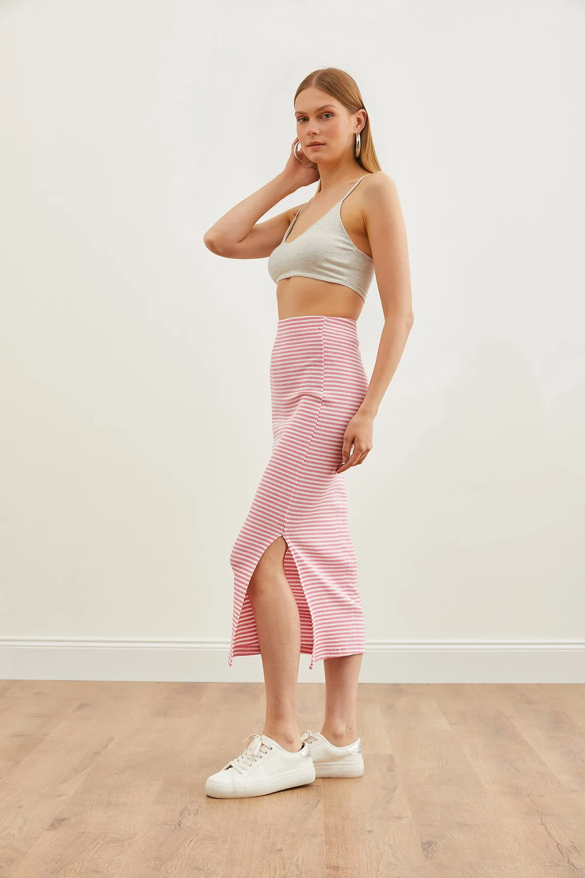 Olalook  Damen-Midirock aus Lycra mit Schlitz und Streifen in Bonbonrosa ETK-19000242