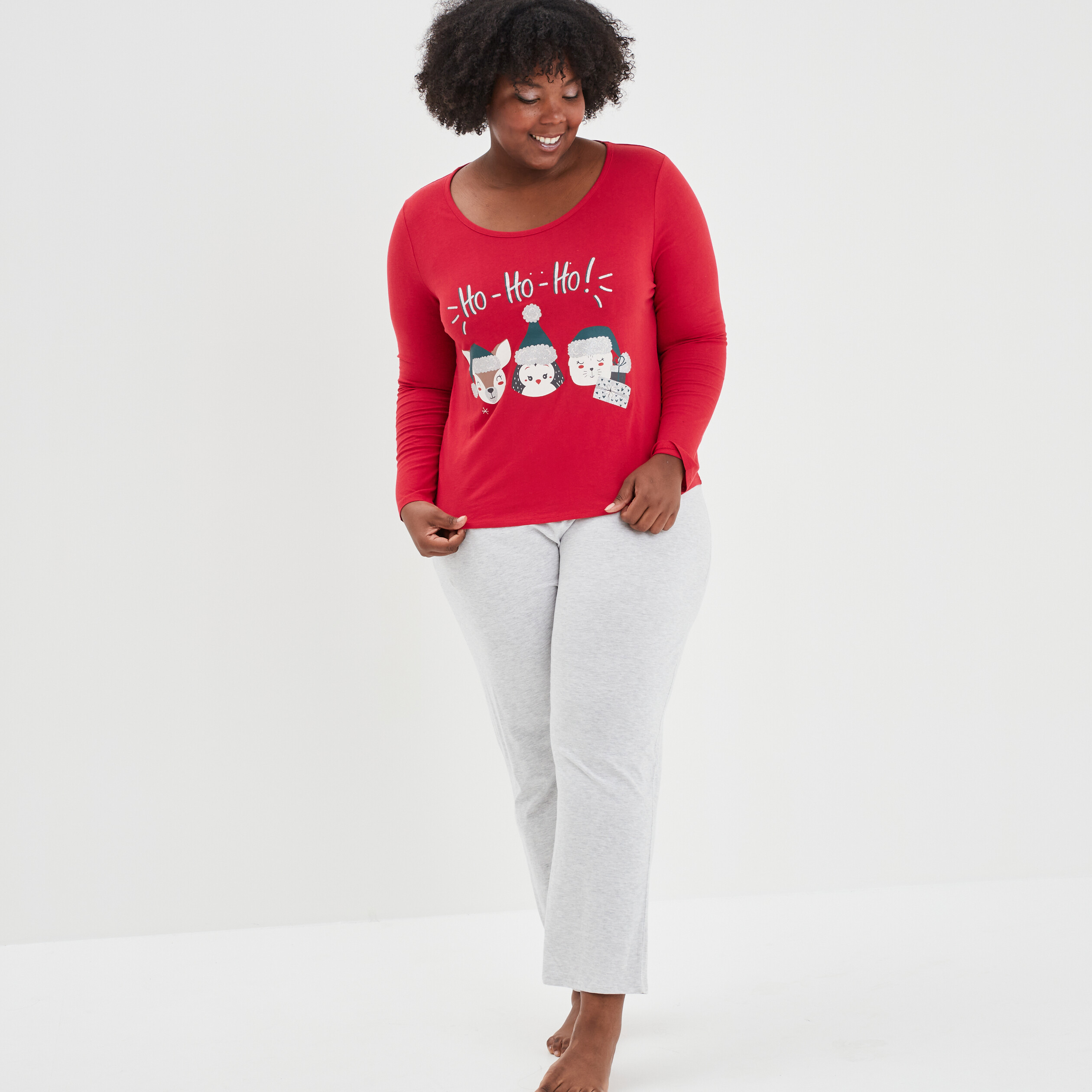 Ensemble pyjama pantalon 2 pièces coton rouge femme grande taille | La Halle