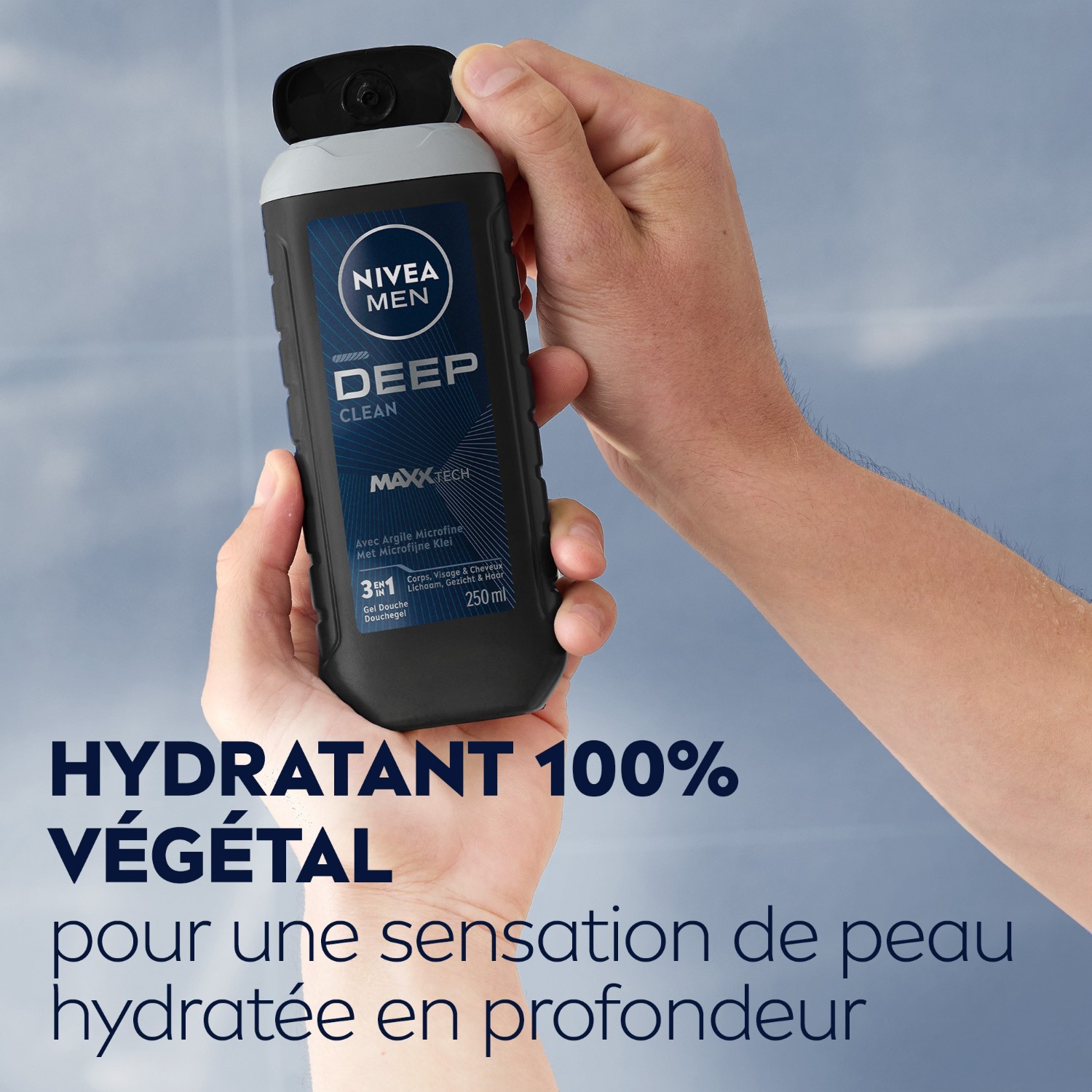 Gel de ducha 3 en 1 NIVEA para hombre para rostro, cuerpo y cabello con arcilla en polvo