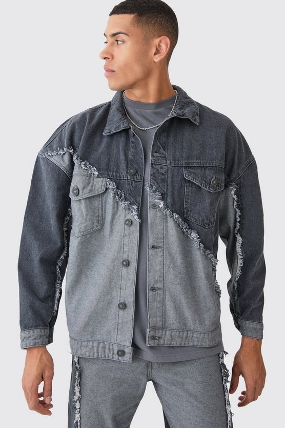 Gespleißte Oversize Jeansjacke mit ausgefranstem Saum