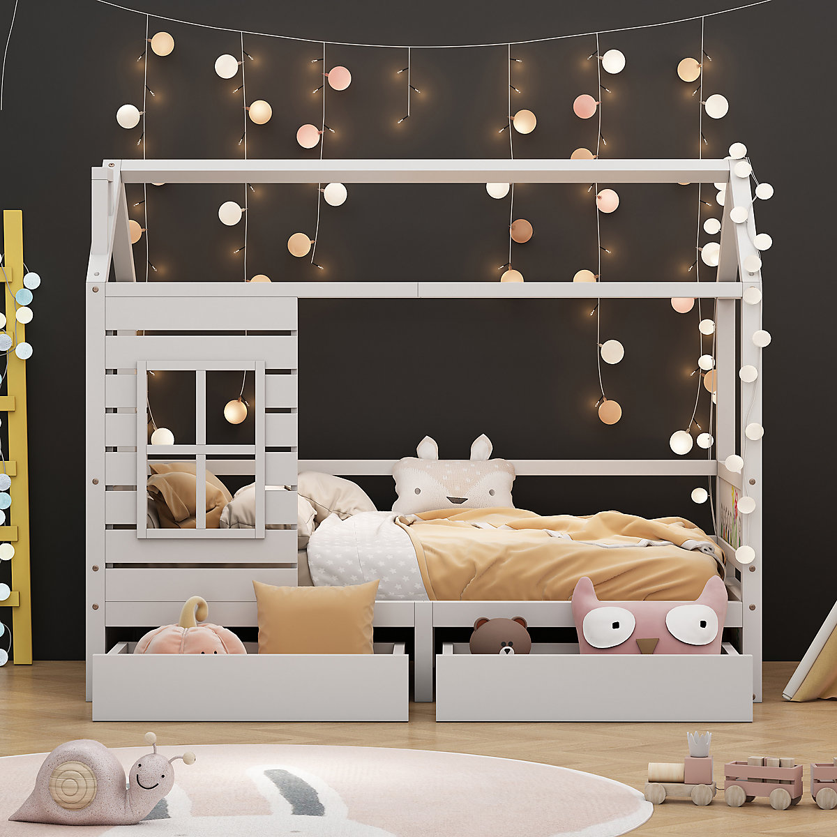 Hausbett 90x200 cm mit 2 Schubladen und Rausfallschtutz, Dach und Fenstern