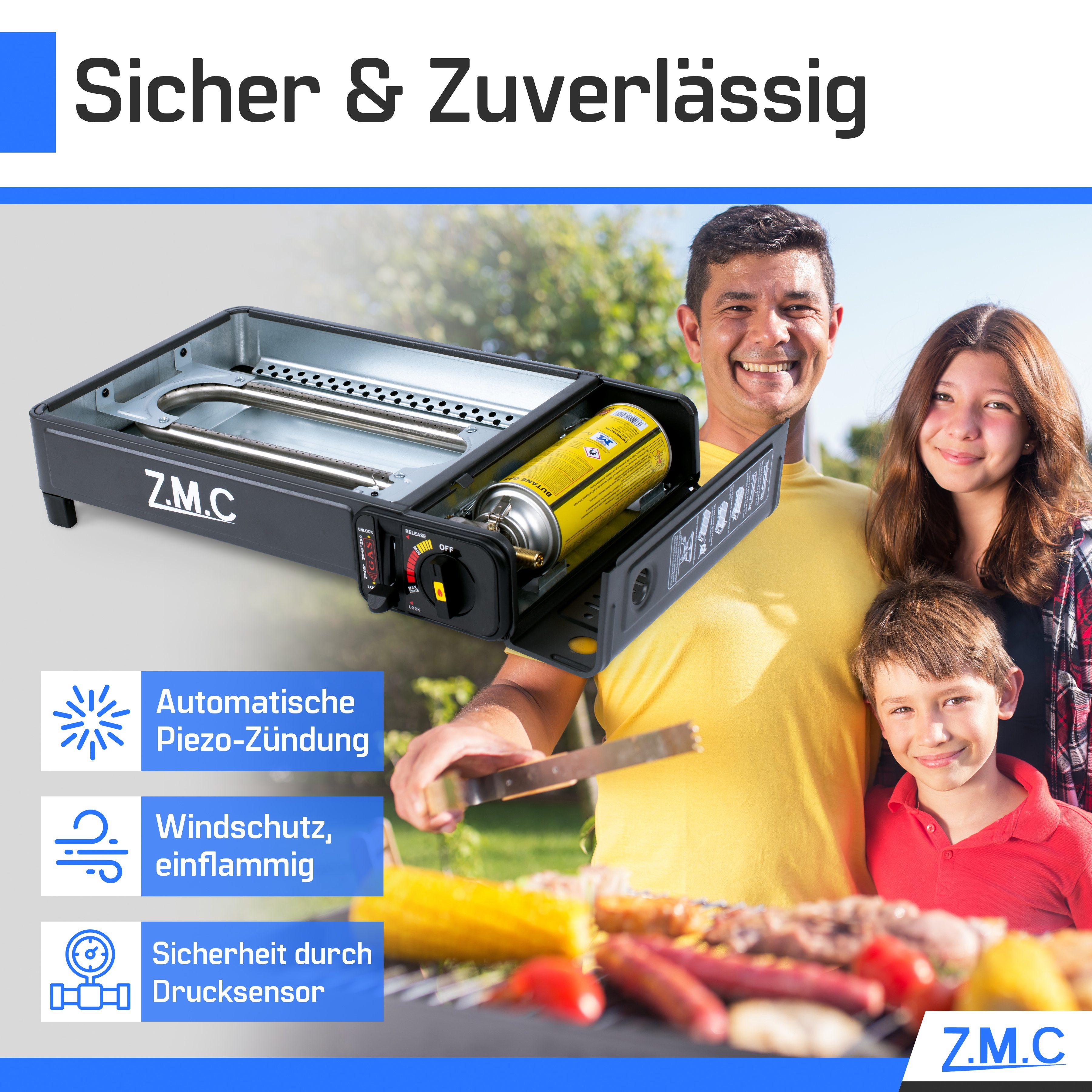 ZMC Gaskocher 2-in-1 Gaskocher inkl. Zubehör einflammiger Camping-Kocher, (mit Grillplatte + Grillrost, stufenlos regulierbar, Tischgrill), mit Tragekoffer, 3,8kg, Piezo-Zündung Wärmeleistung: 2,2KW