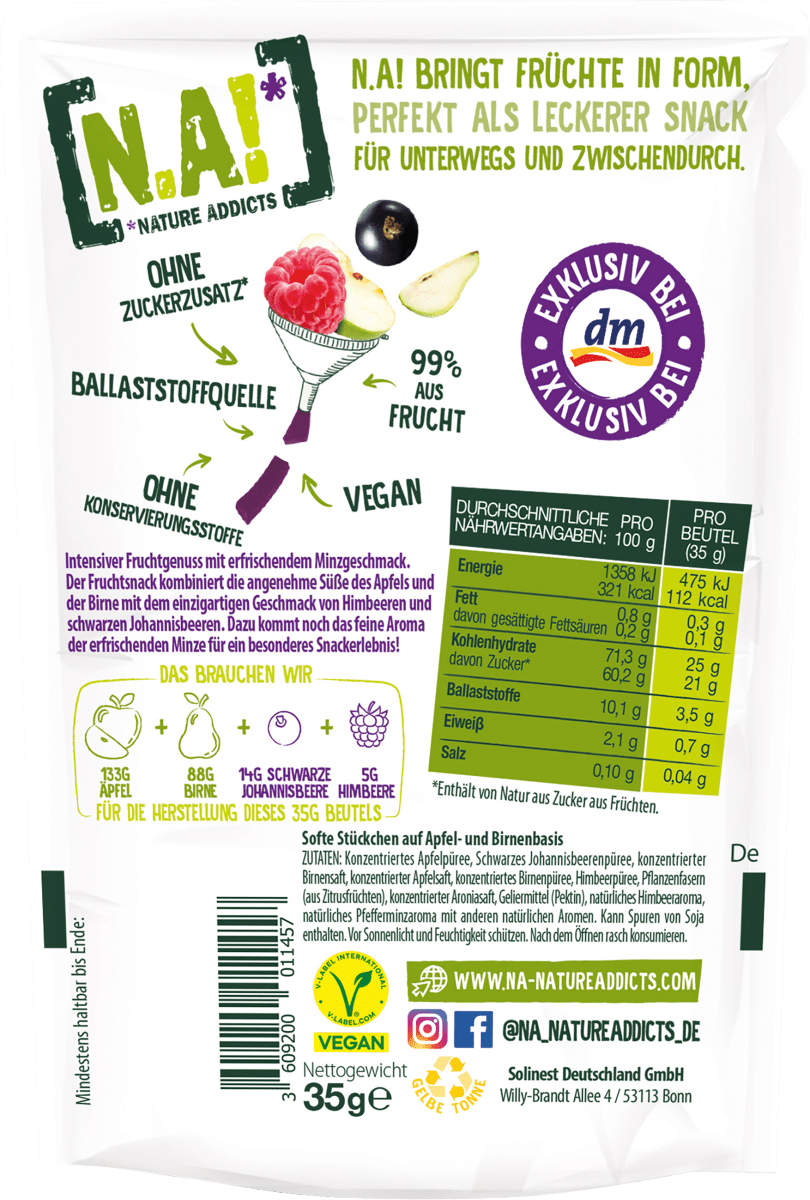 Fruchtsnack, Schwarze Johannisbeere Himbeere Minzgeschmack, softe Stückchen auf Apfel- & Birnenbasis, 35 g