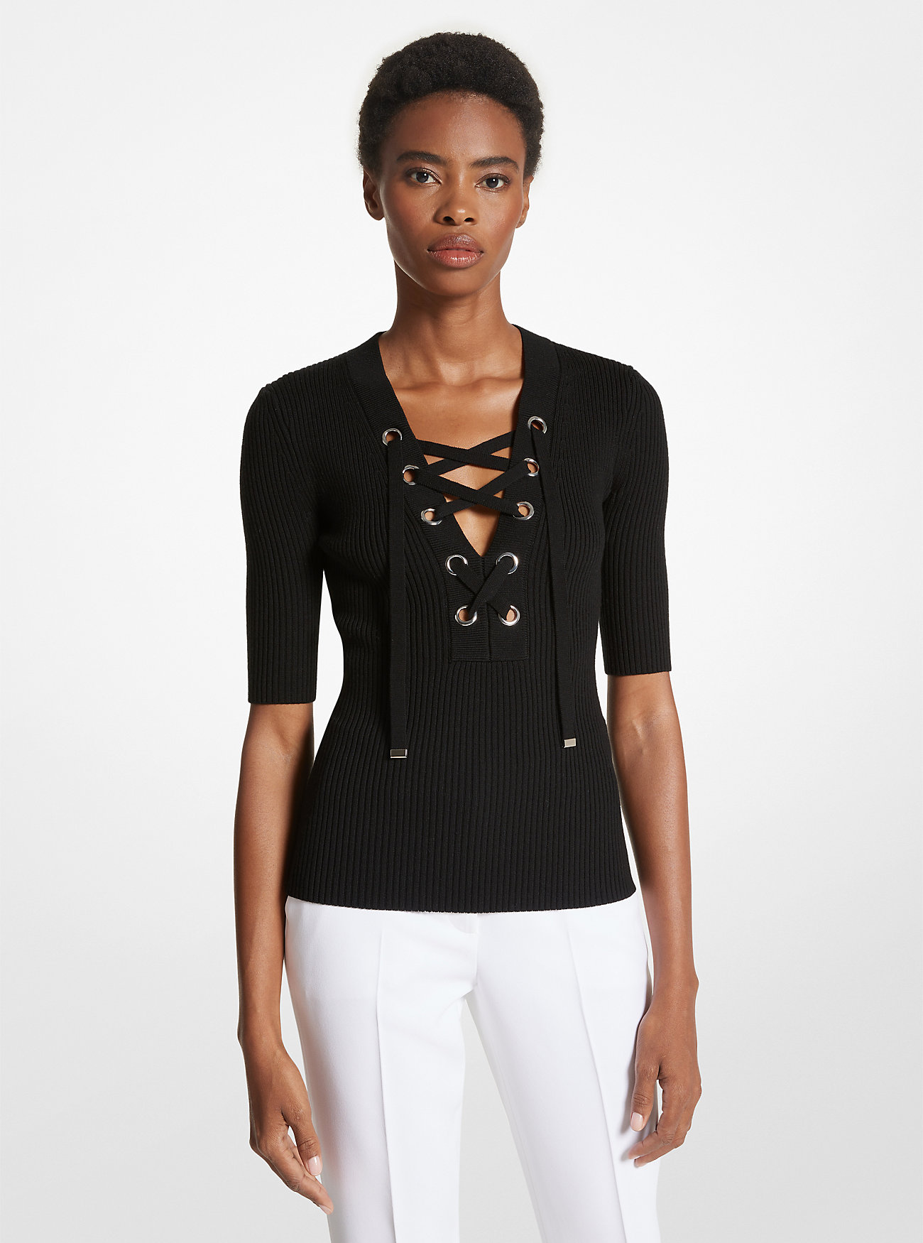 Ribbed Merino Wool Blend Lace-Up Top - BLACK