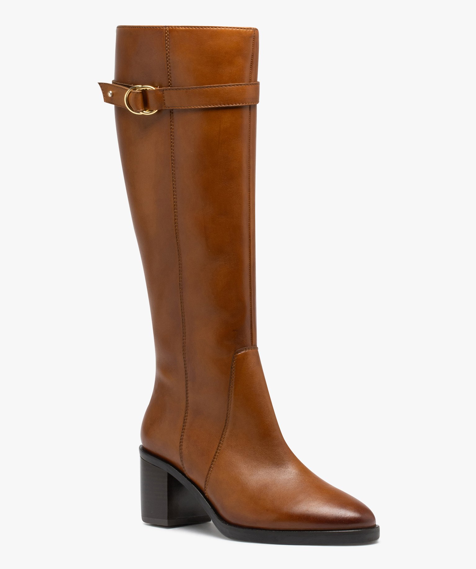 Bottes femme cavalières à talon avec dessus en cuir uni - ... camel | GEMO