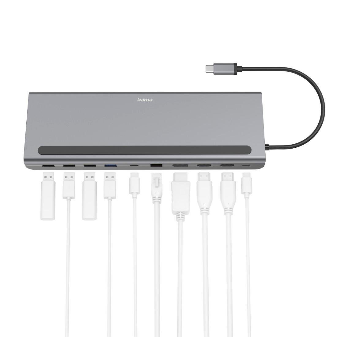 Hama Dockingstation USB C mit 10 Ports für Laptop und PC USB-Adapter USB Typ C zu DisplayPort, HDMI, RJ-45 (Ethernet), USB 2.0, USB 3.1 Gen 1, USB-C, 25 cm