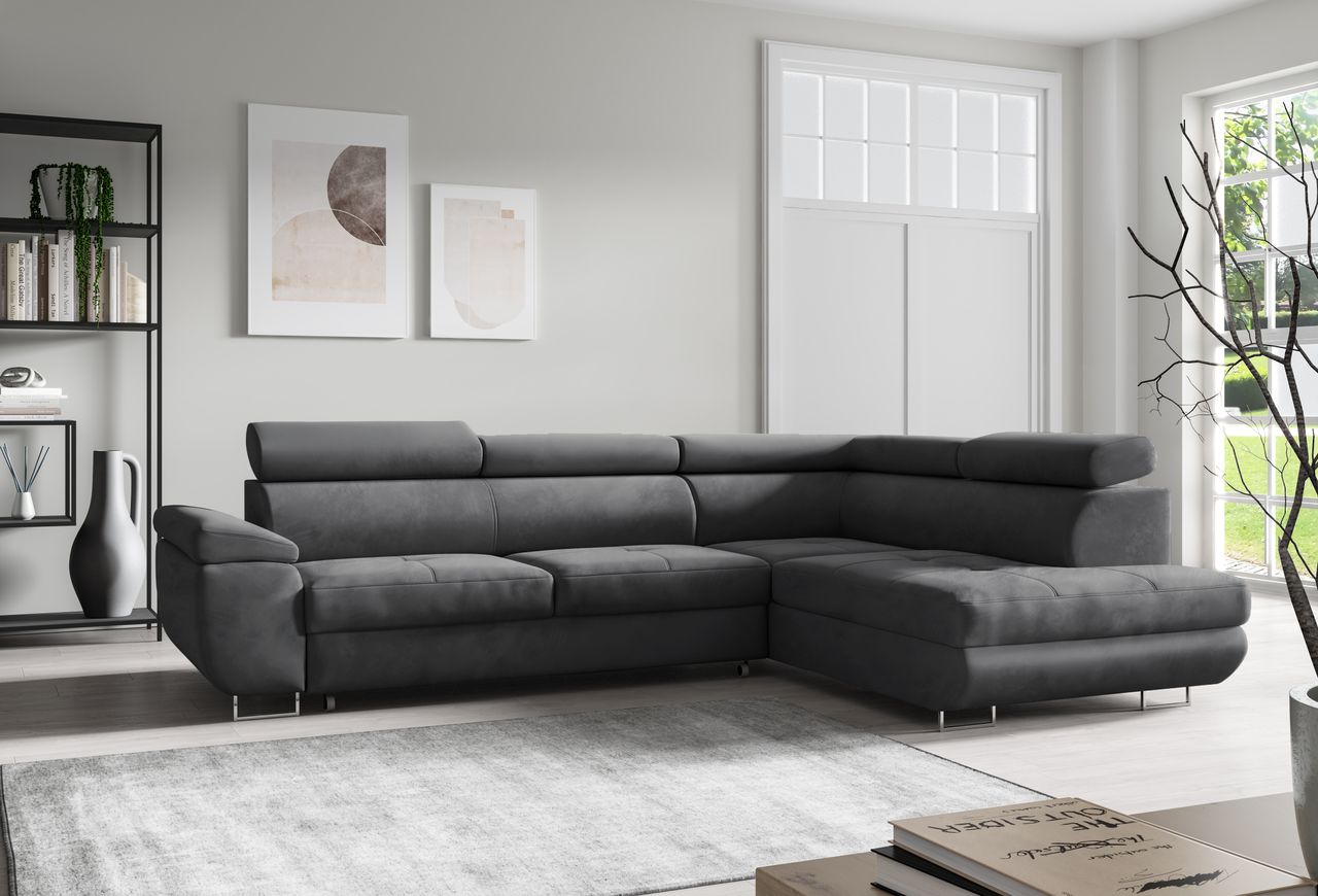 Möbel Punkt Wohnlandschaft Ecksofa Monaco Samt Grau mit Bett Bettkasten Kopfteilverstellung Bett Sofa Schlafsofa Ottomane rechts