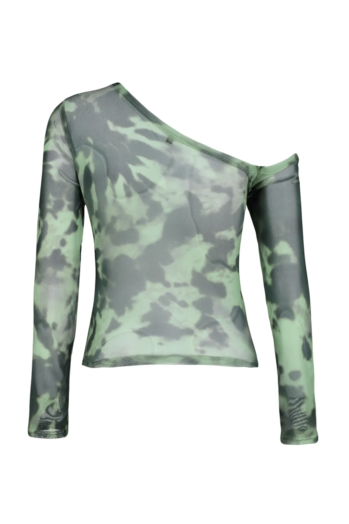 Trendyol Collection  Grün gemusterte, mit Tüll gefütterte Strickbluse mit asymmetrischem Kragen TWOAW24BZ00051