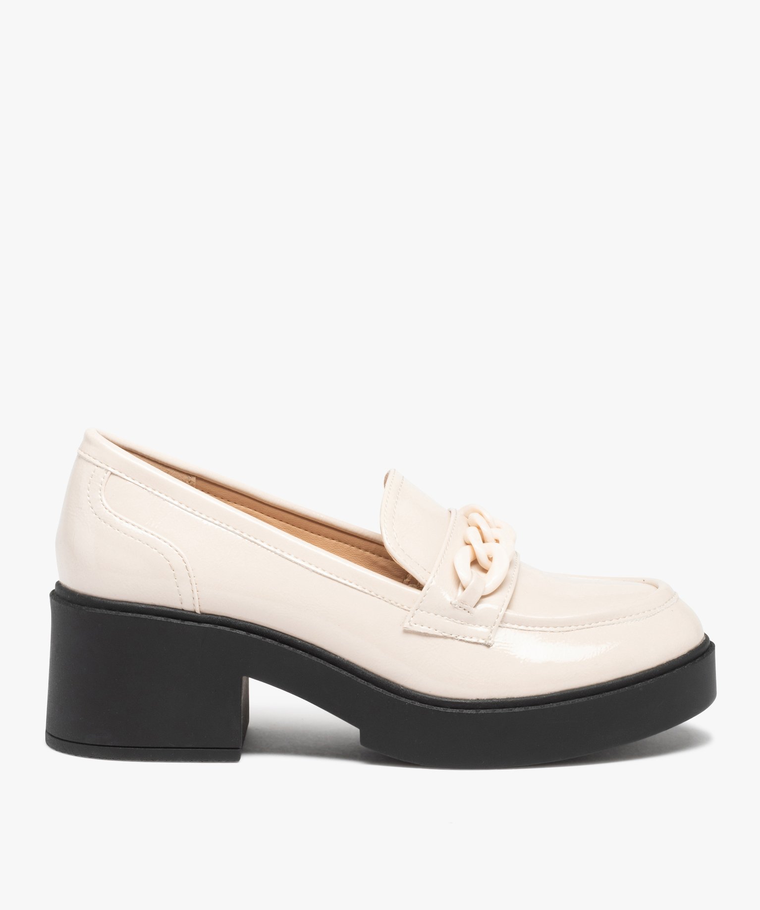 Mocassins femme vernis à talon large et semelle épaisse beige | GEMO