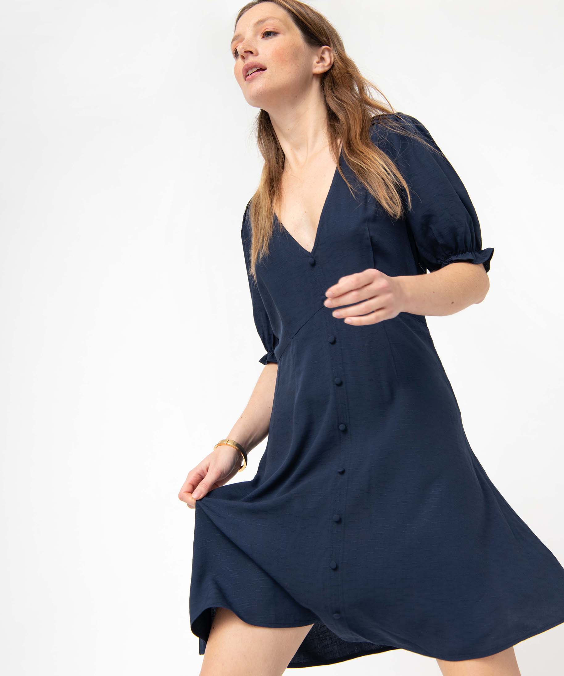 Robe femme à manches courtes avec boutons fantaisie bleu | GEMO