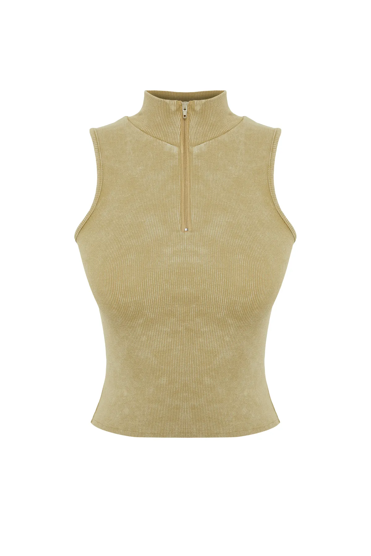 Trendyol Collection  Khakifarbene, taillierte, dehnbare Strickbluse aus schnurgebundener Baumwolle mit verblasstem Effekt und Reißverschluss TWOSS24BZ00036