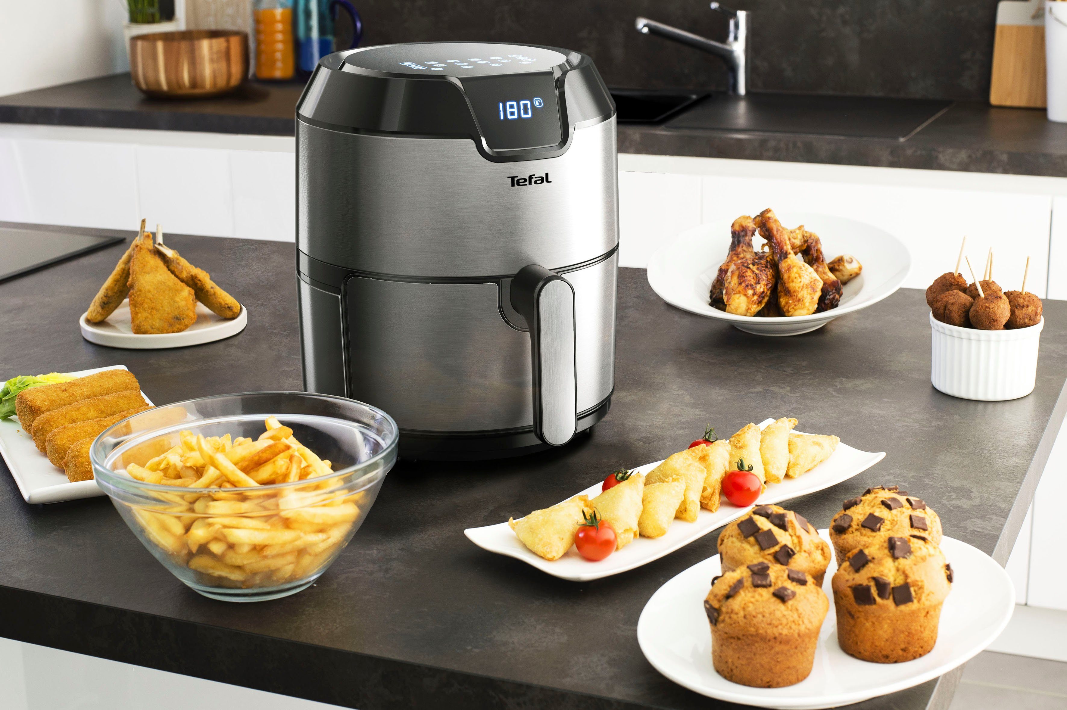 Tefal Heißluftfritteuse EY401D.HERO Easy Fry Deluxe, 1500 W, mit Zubehör, Fassungsvermögen 1,4 kg, 8 automatische Programme