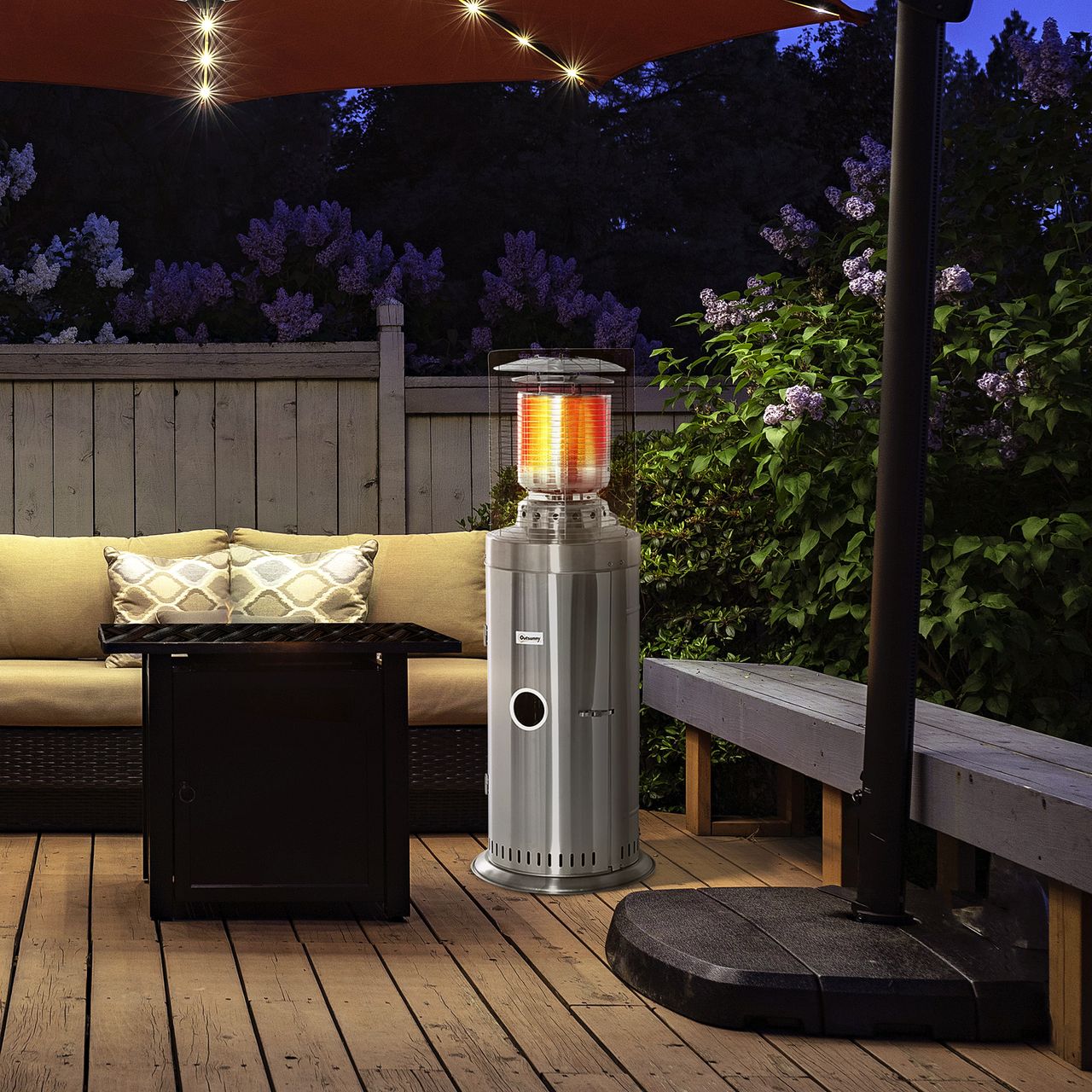 Outsunny Heizstrahler Terrassenheizer mit Handgriff und Rädern Gas 10KW Stahl Silber Ø55,6 x 143 cm