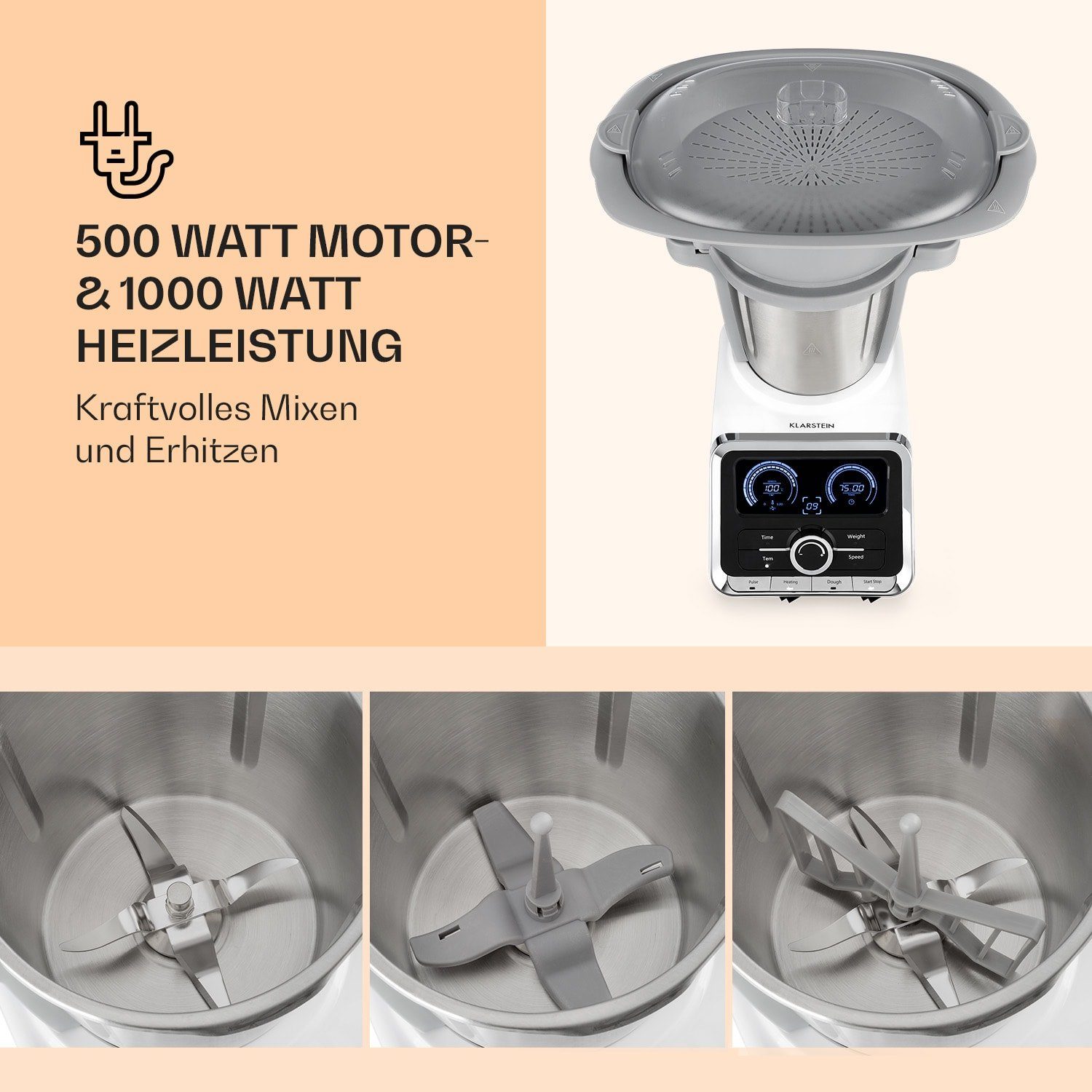 Klarstein Multikocher GrandPrix, 500 W, 2.5 l Schüssel, Standmixer Blender Multifunktionsmixer