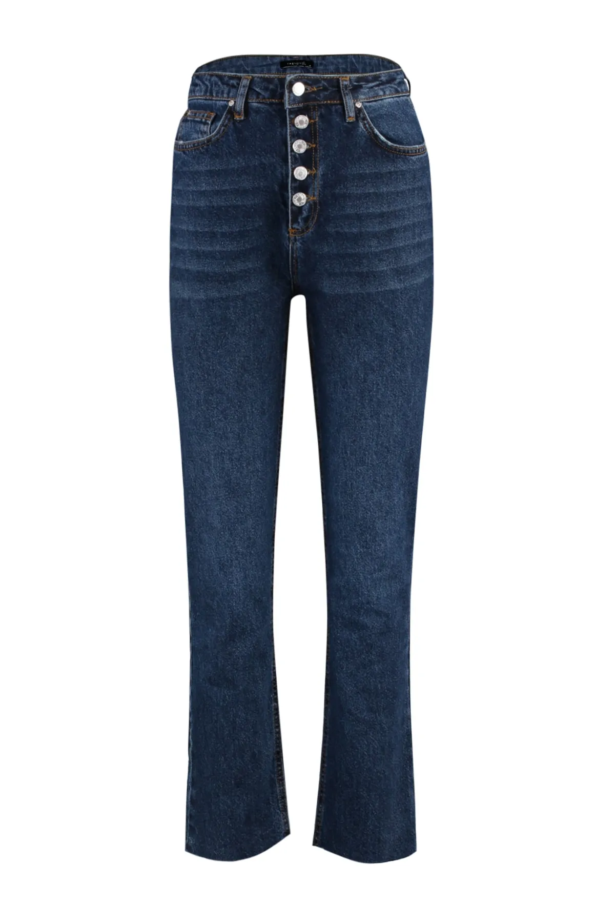 Trendyol Collection  Dunkelblaue Bootcut-Jeans mit hoher Taille und Cut-Outs, vorne geknöpft