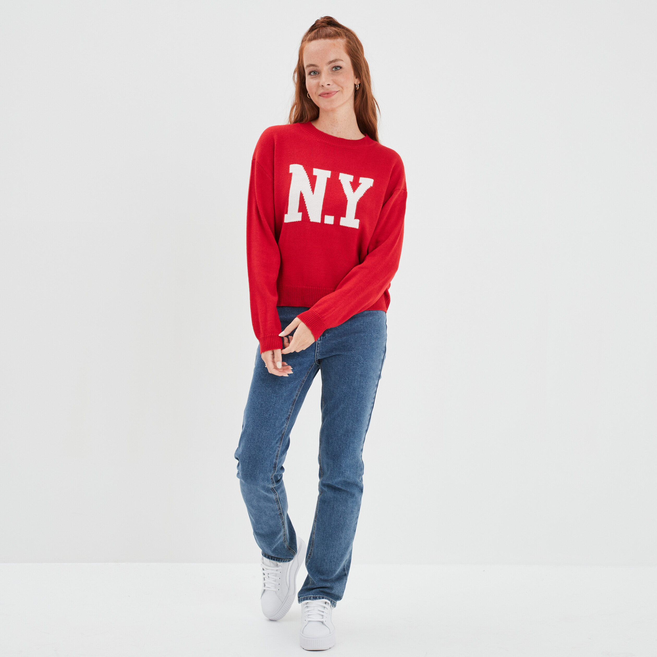 Pull col rond manches longues Creeks rouge femme | La Halle