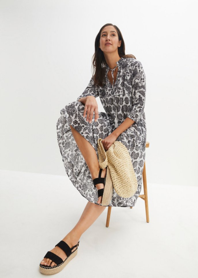 Crincle- Baumwollmidikleid mit Taschen und 3/4- Arm