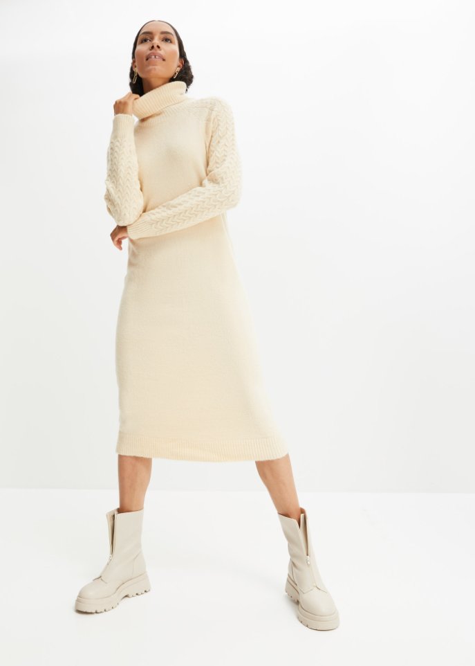 Strickkleid mit Zopfmuster am Ärmel