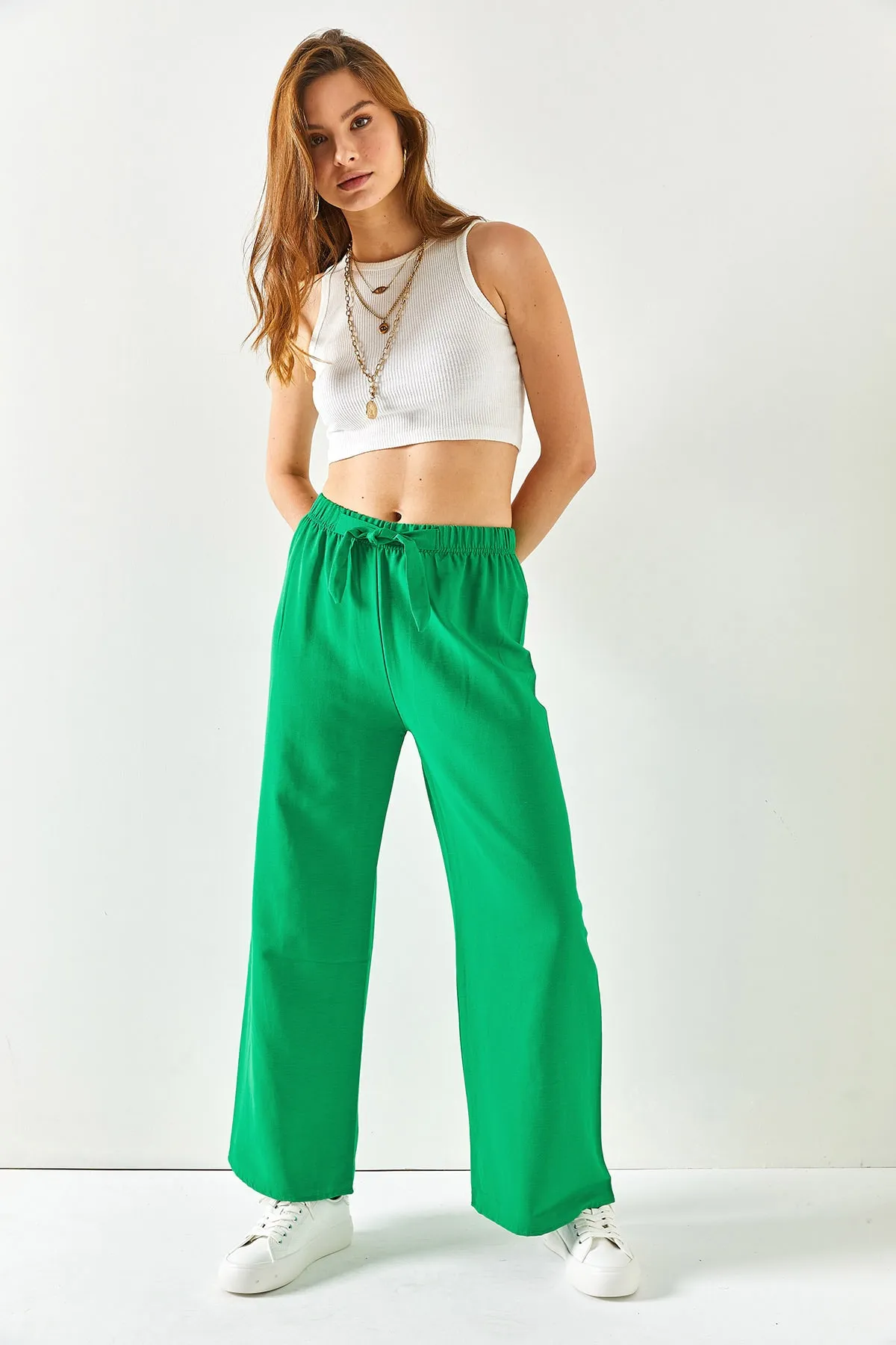 Olalook  Grasgrüne Palazzo-Leinenhose mit elastischem Bund und Schnürung für Damen PNT-19000219