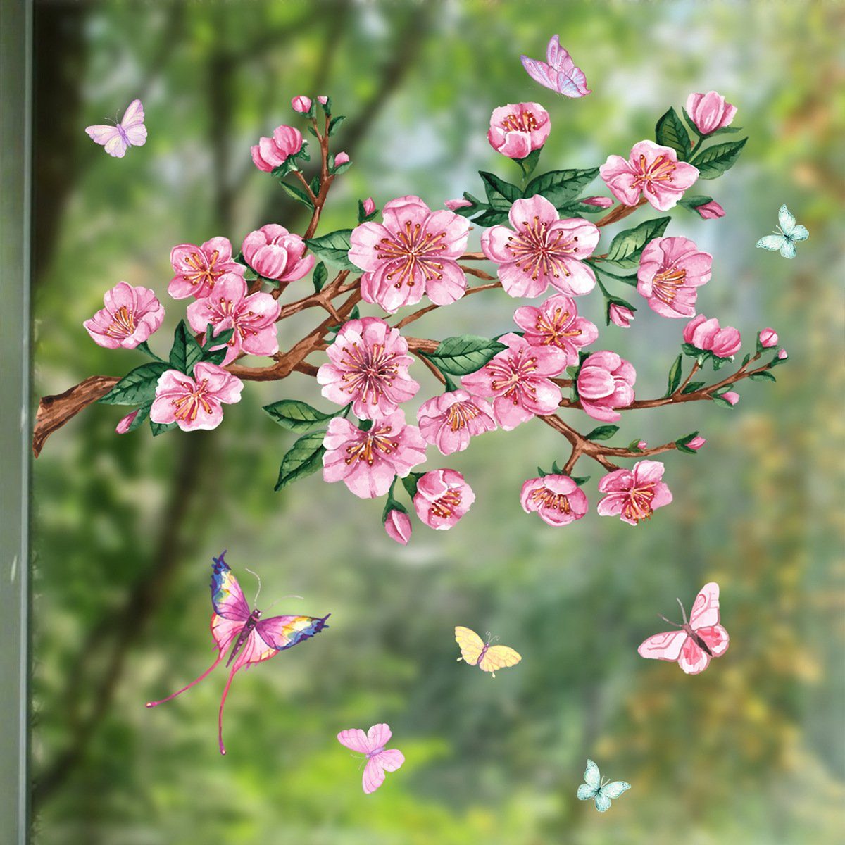 Fenstersticker Zweig-Pfirsichblüten-Schmetterlings-Fensteraufkleber, Aatrx