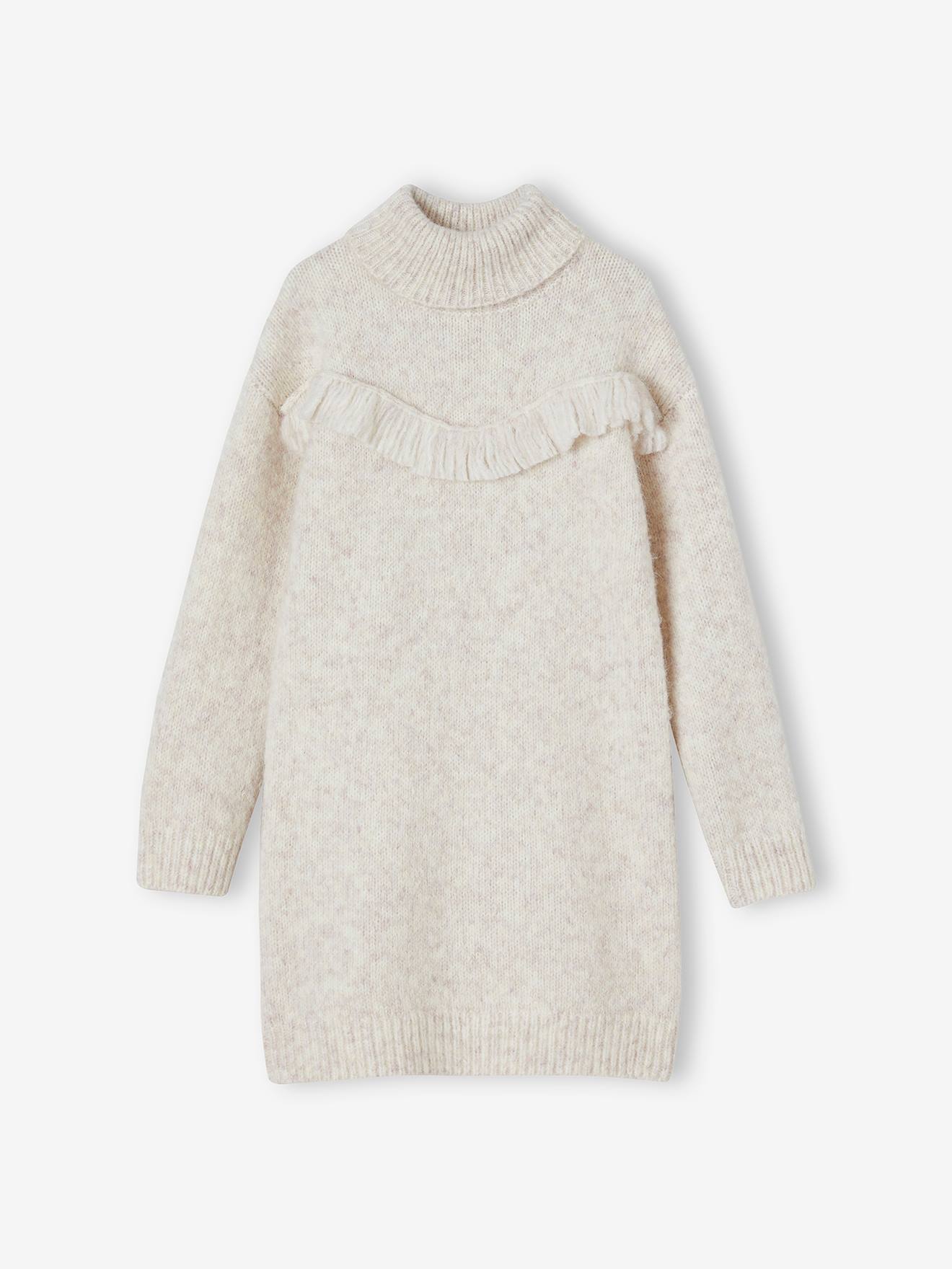 Vertbaudet Mädchen Strickkleid mit Fransen - beige meliert