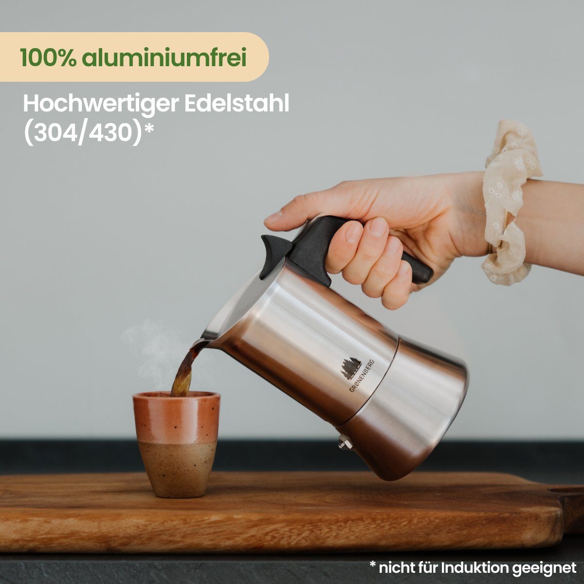 GRØNENBERG Espressokocher Edelstahl Espressokanne 1-2 Tassen, 0.1l Kaffeekanne, Inkl. Ersatz-Dichtung, Unbeschichtet & frei von Aluminium