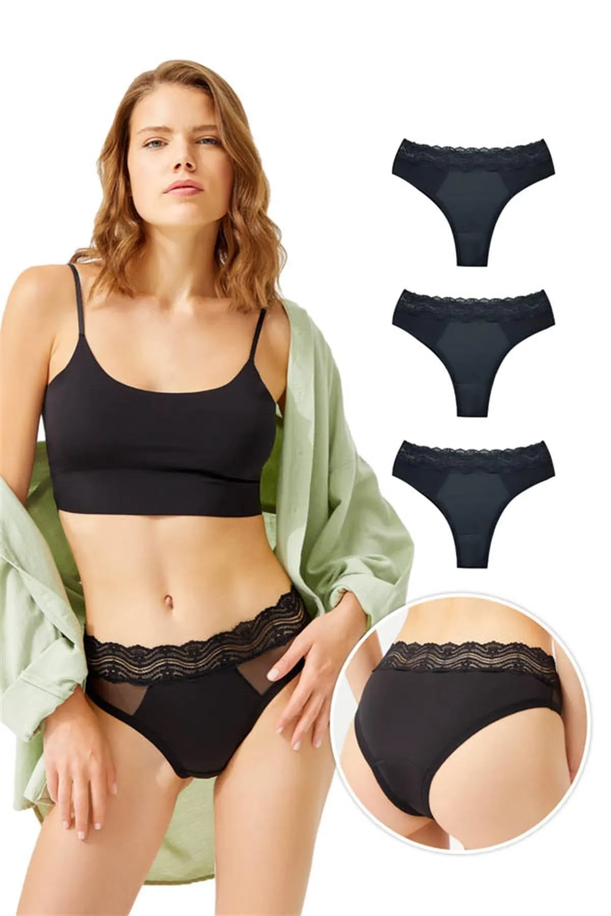 Cottonhill  3er-Pack Menstruationshöschen für Damen mit transparentem Tüll und detaillierten Details