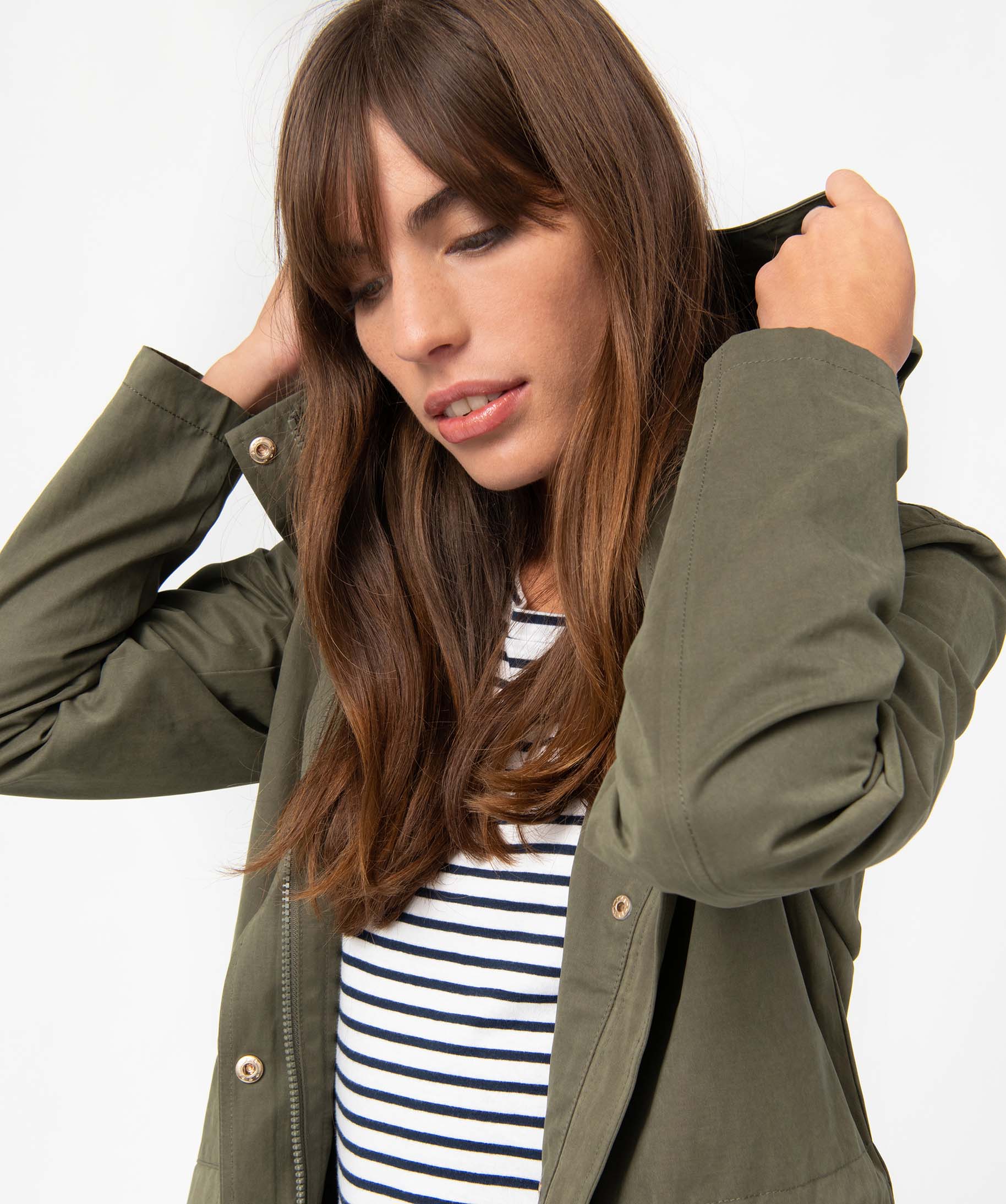 Trench femme à capuche avec boutons métalliques kaki | GEMO