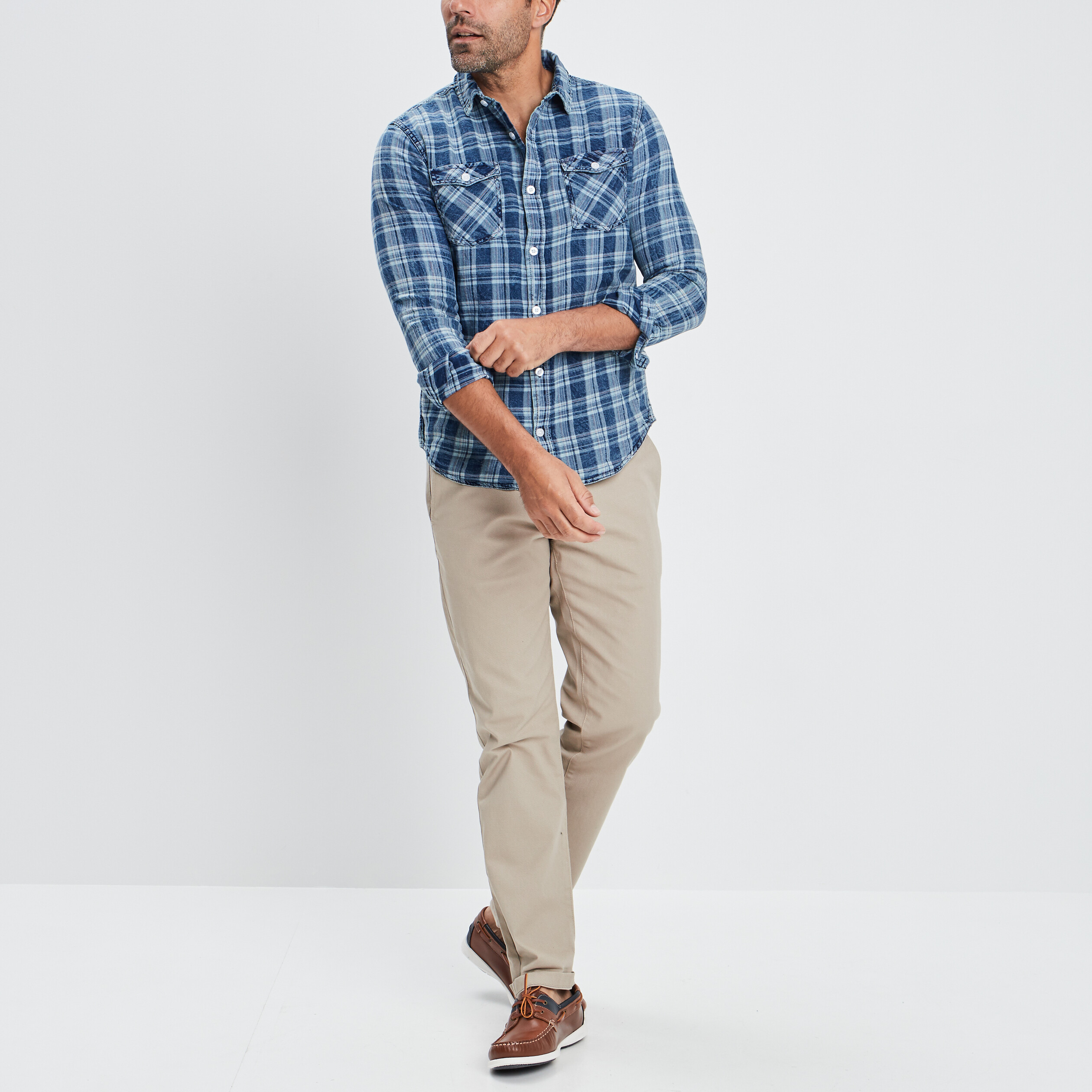 Chemise à carreaux manches longues bleu marine homme | La Halle